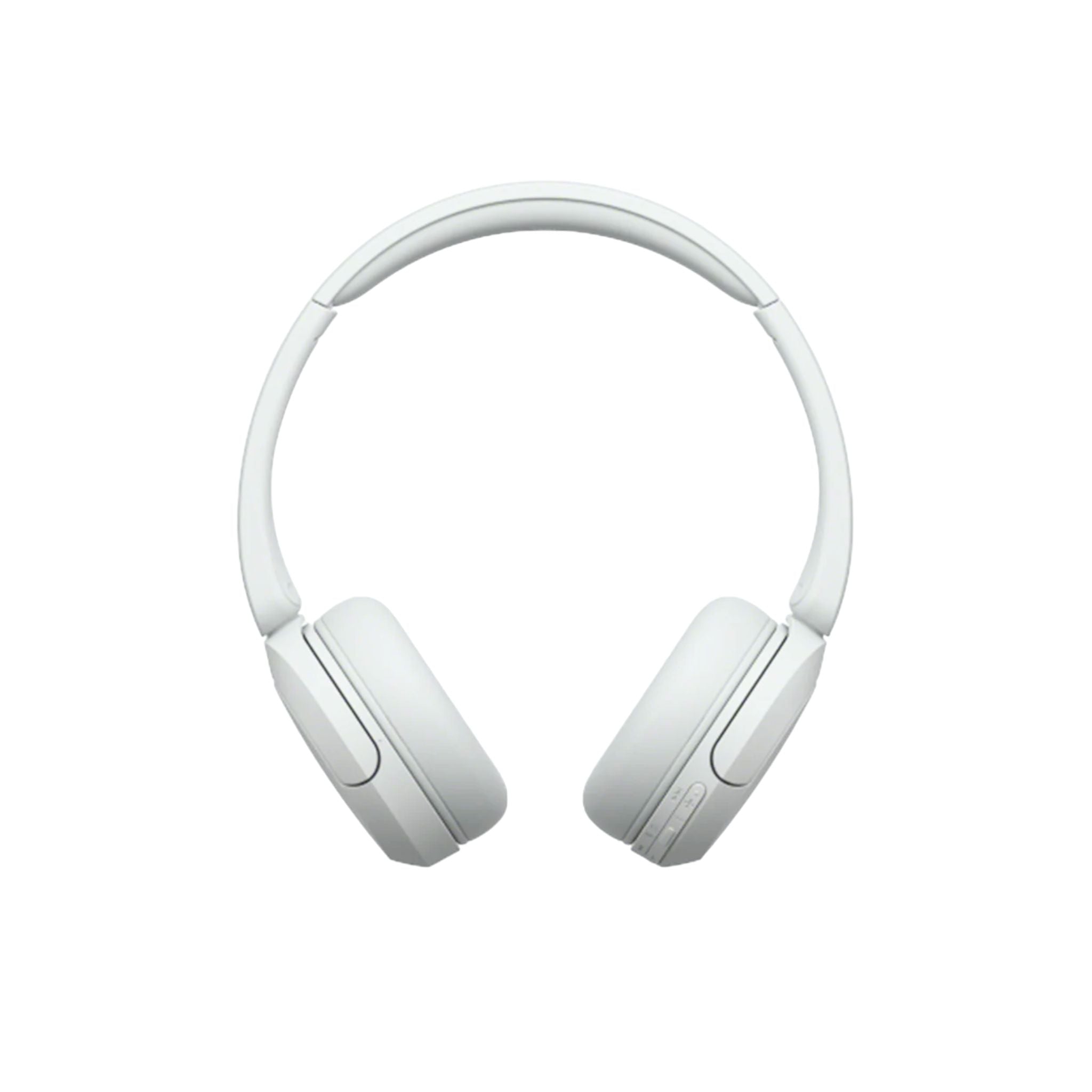 A pair of white Sony wireless headphones with a charging case in the background, isolated on a white background.