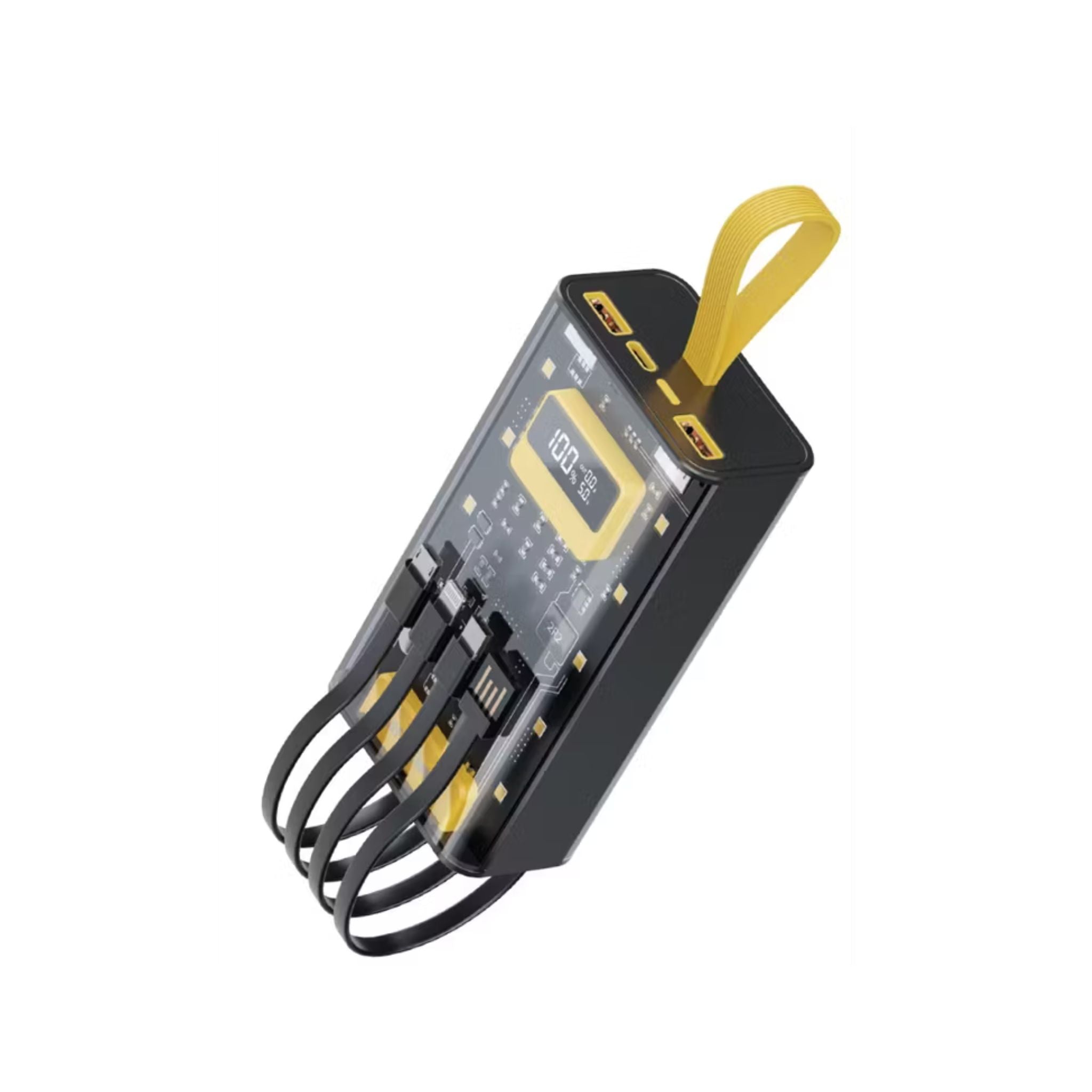 Black and yellow electronic device with multiple ports on a white background