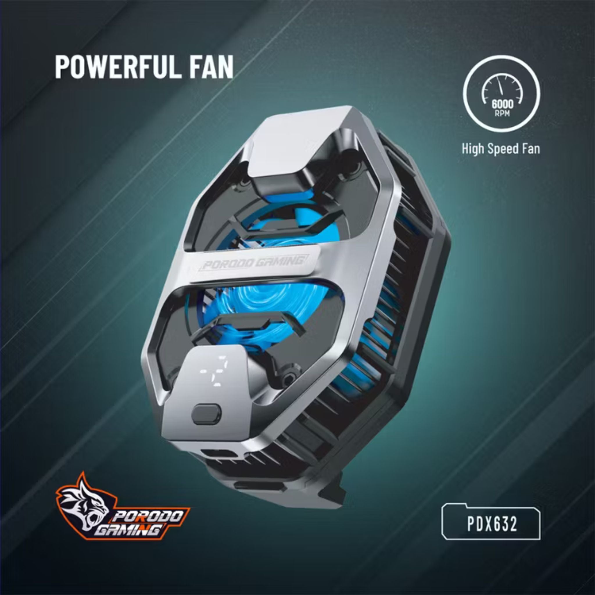 Porodo Gaming LED Display Phone Cooler with High Speed Fan, Spring Clip Mount Method & 18W Cooling Power, Clip-On Design - Gray