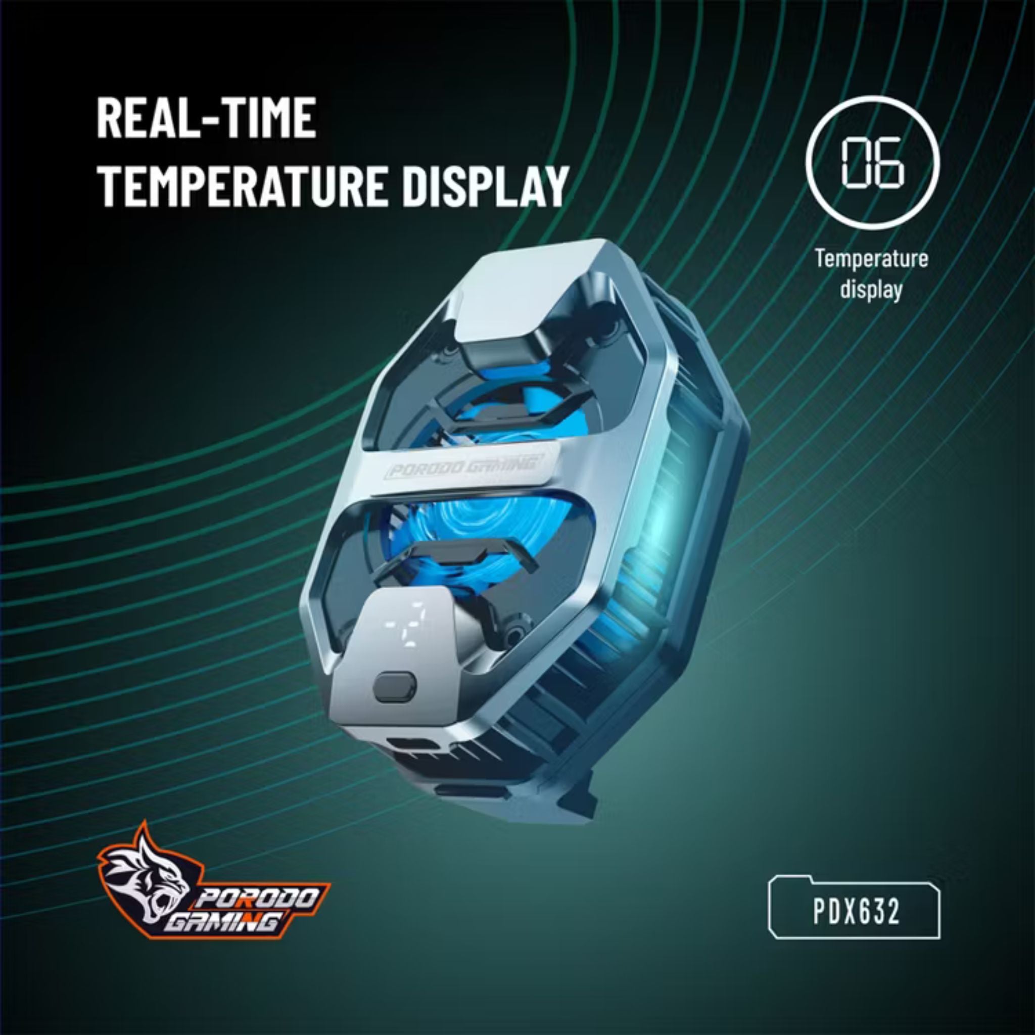 Porodo Gaming LED Display Phone Cooler with High Speed Fan, Spring Clip Mount Method & 18W Cooling Power, Clip-On Design - Gray