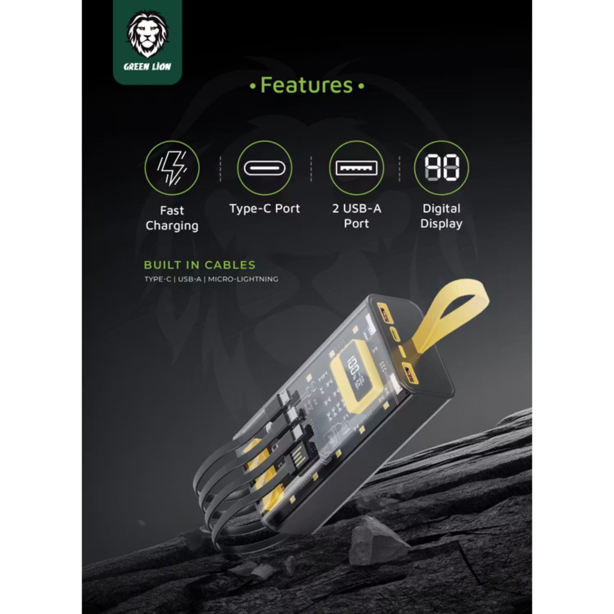 Green Lion Transparent Pro Power Bank 20000 mAh, PD 20W, Fast Charging, Micro & Type-C & Lightning & USB- A Built-in Cables, Digital Display - Black / Yellow
