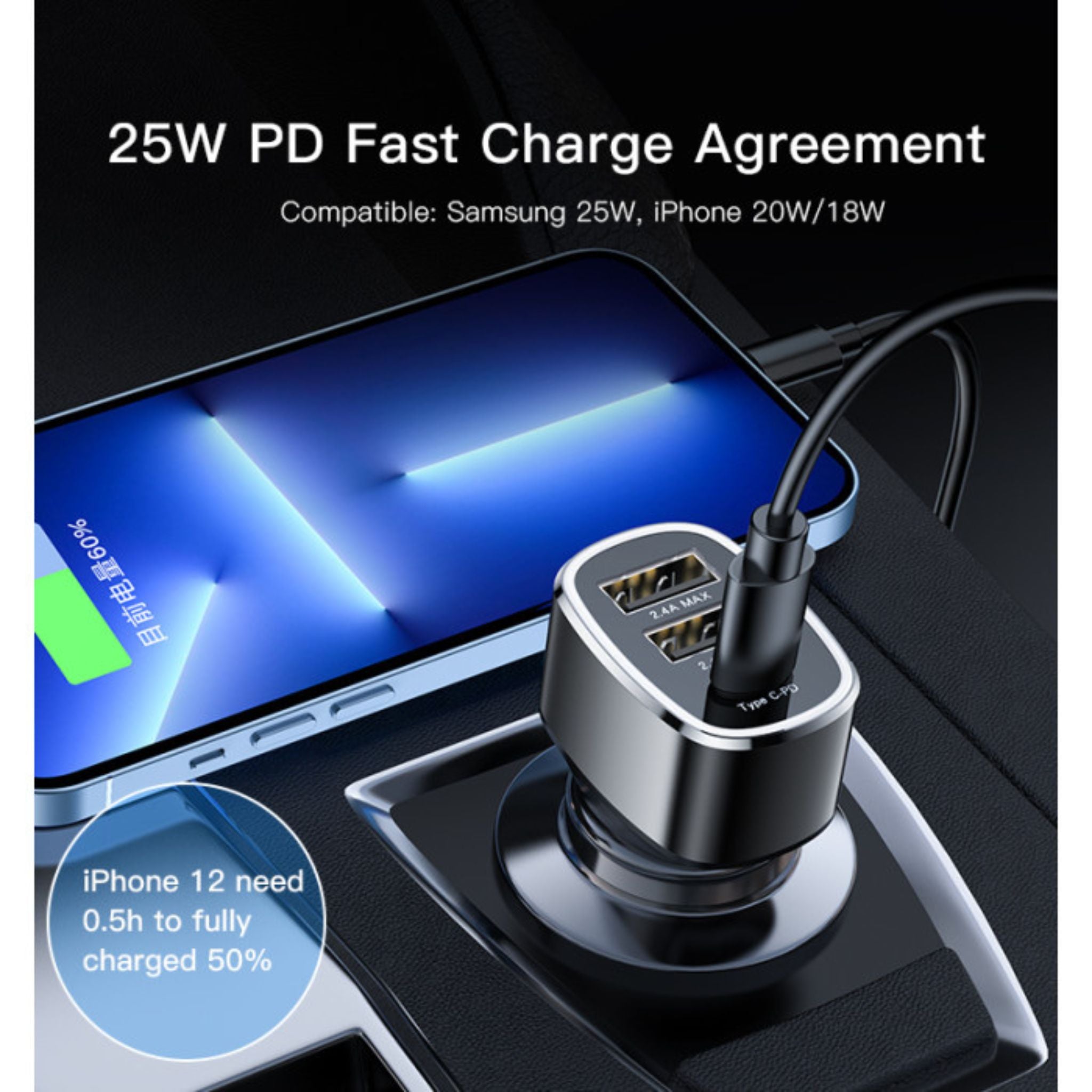 Yesido Y47 3 Ports USB And Type-C PD 25W Total 49W Multifunction Car Charger