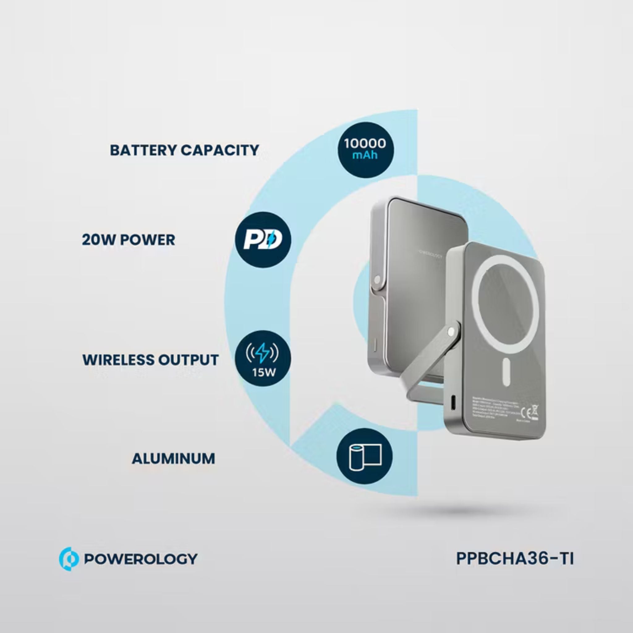 Powerology 10000mAh Magsafe Glass Surface Power Bank, Compact Design, Type-C & Wireless output, Integrated Stand, Aluminum Material, 20W Power Delivery, Cable-Free - Titanium