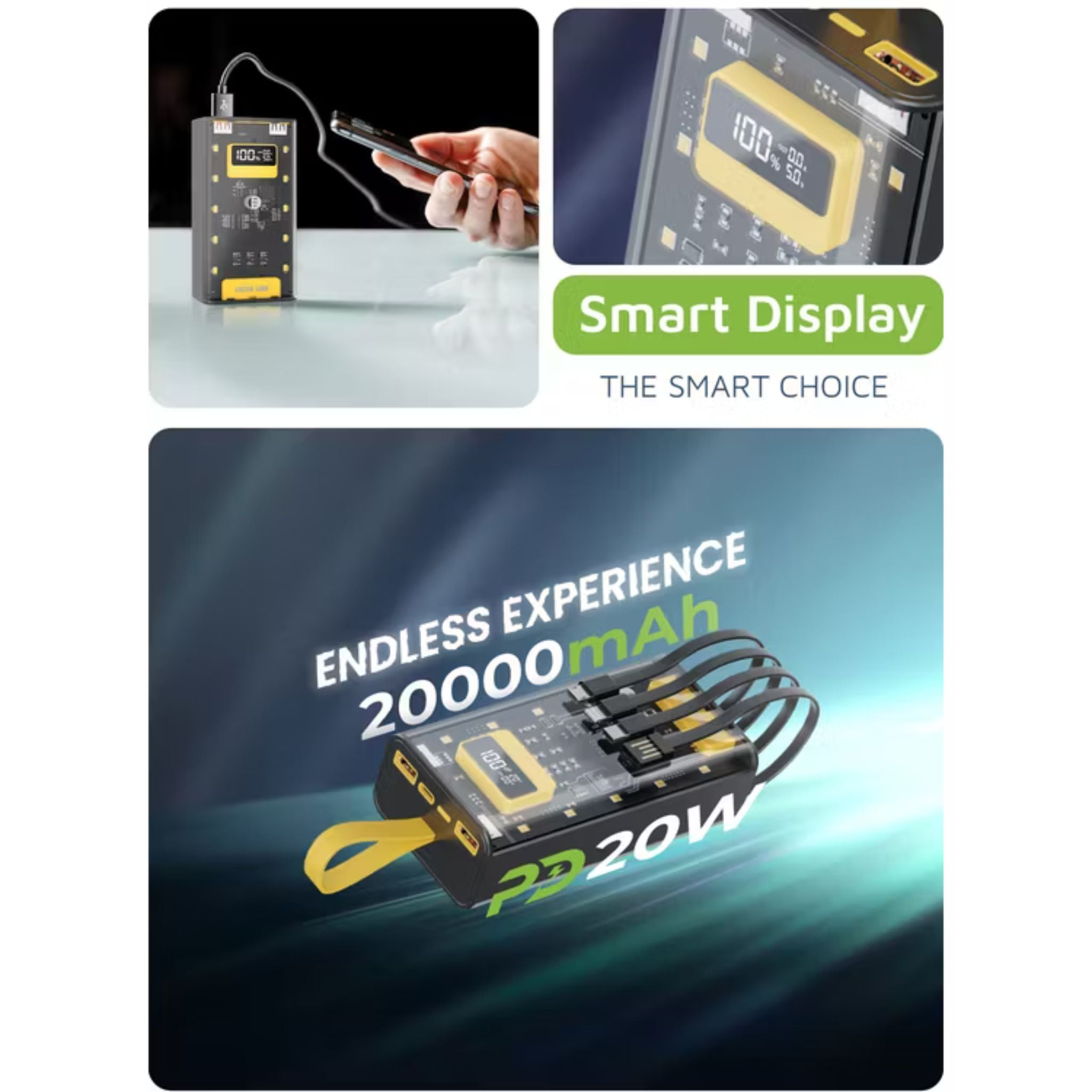 Green Lion Transparent Pro Power Bank 20000 mAh, PD 20W, Fast Charging, Micro & Type-C & Lightning & USB- A Built-in Cables, Digital Display - Black / Yellow
