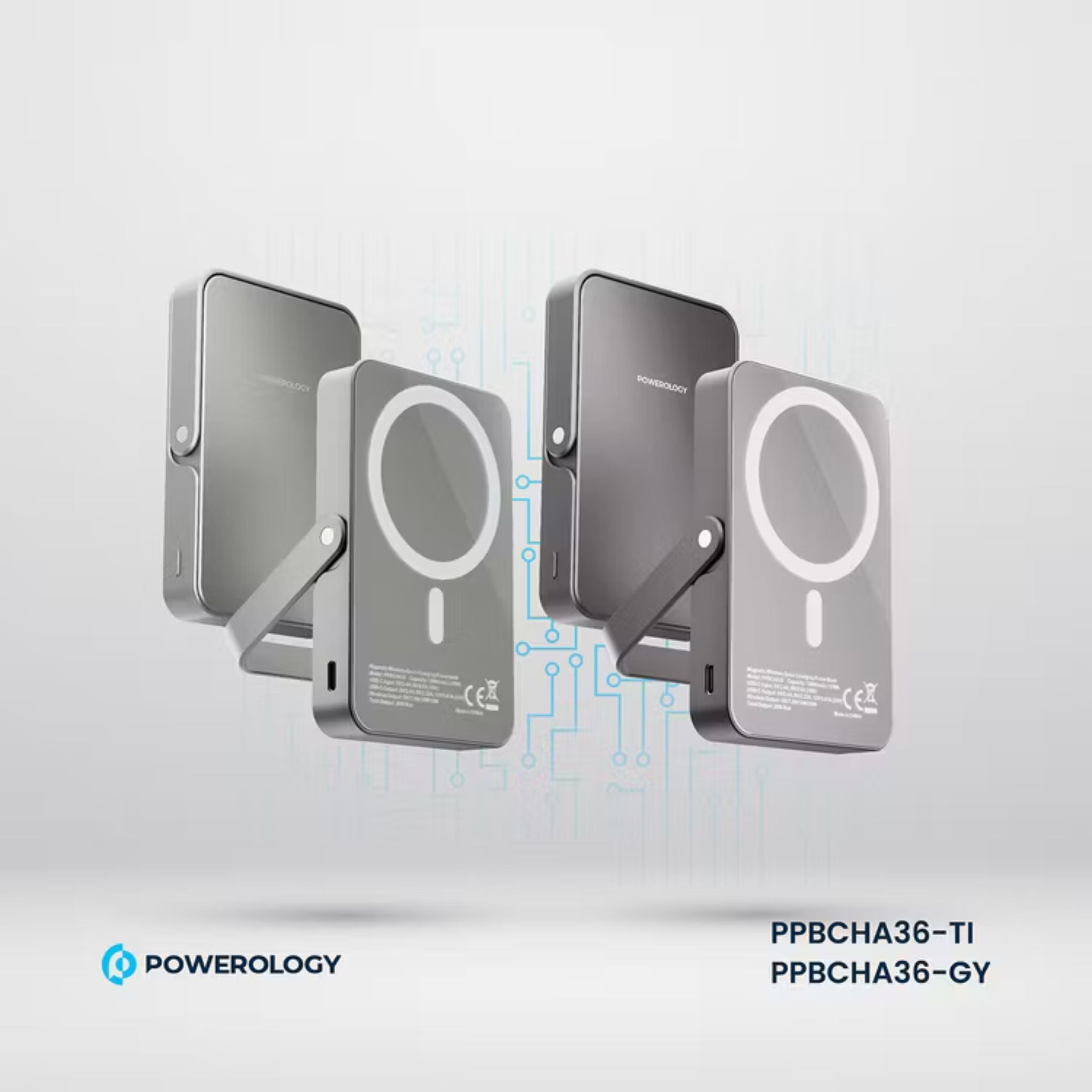Powerology 10000mAh Magsafe Glass Surface Power Bank, Compact Design, Type-C & Wireless output, Integrated Stand, Aluminum Material, 20W Power Delivery, Cable-Free - Titanium