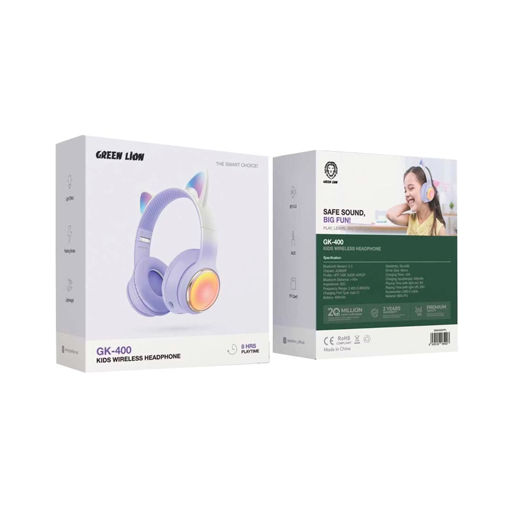 Green Lion GL-400 Kids Wireless Headphones with Light Effect & Flashing Modes, Up to 20 Hours Working Time, Bluetooth Version 5.3, Lightweight Design - Purple