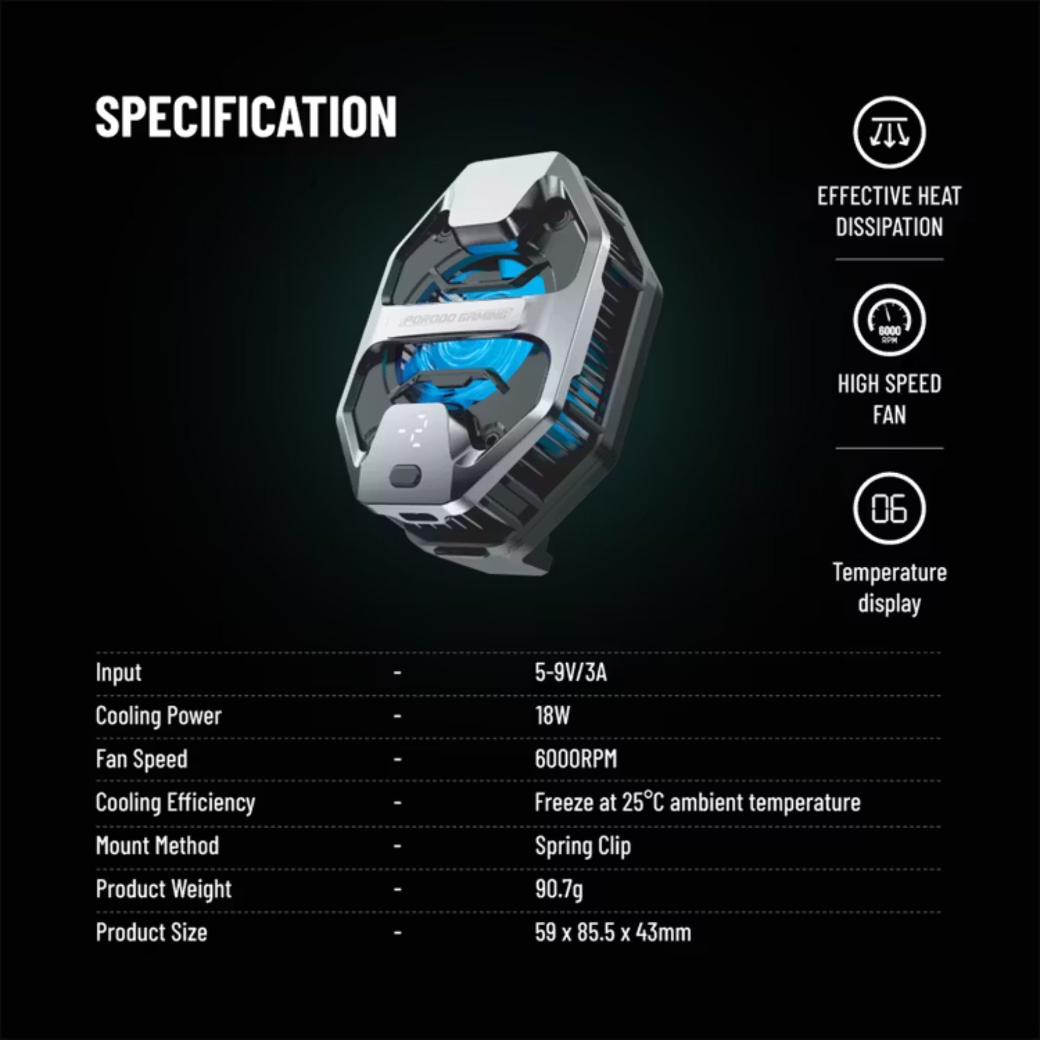 Porodo Gaming LED Display Phone Cooler with High Speed Fan, Spring Clip Mount Method & 18W Cooling Power, Clip-On Design - Gray