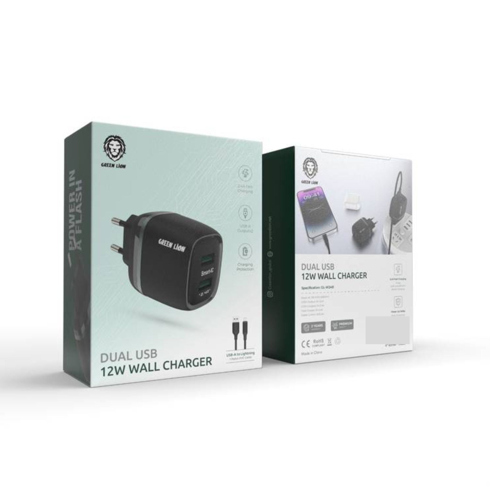 Green Lion Dual USB 12W Wall Charger With USB-A To Lightning Cable 1M EU - Black