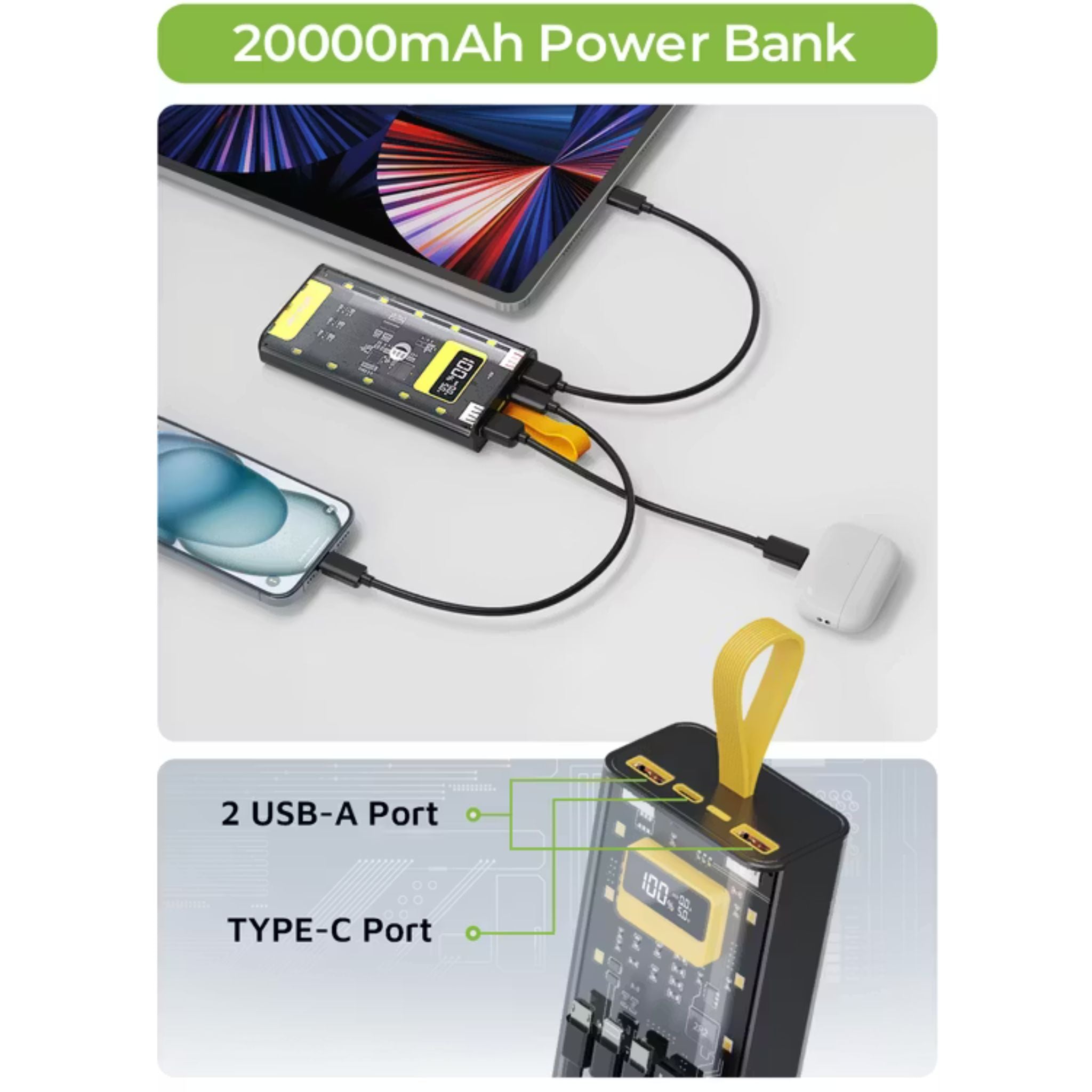 Green Lion Transparent Pro Power Bank 20000 mAh, PD 20W, Fast Charging, Micro & Type-C & Lightning & USB- A Built-in Cables, Digital Display - Black / Yellow