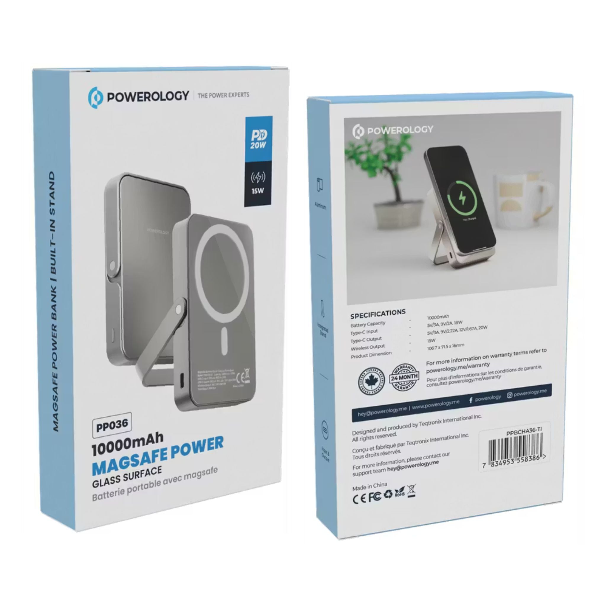 Powerology 10000mAh Magsafe Glass Surface Power Bank, Compact Design, Type-C & Wireless output, Integrated Stand, Aluminum Material, 20W Power Delivery, Cable-Free - Titanium