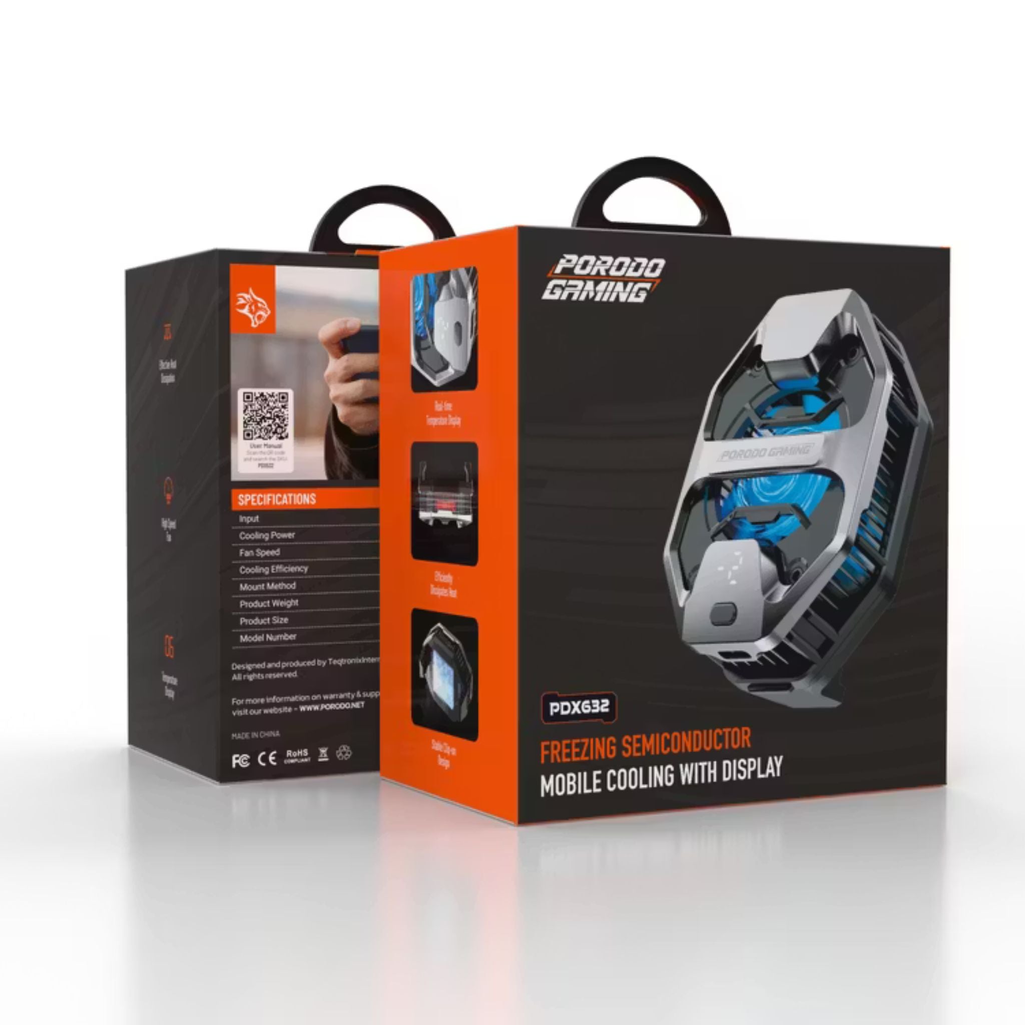 Porodo Gaming LED Display Phone Cooler with High Speed Fan, Spring Clip Mount Method & 18W Cooling Power, Clip-On Design - Gray