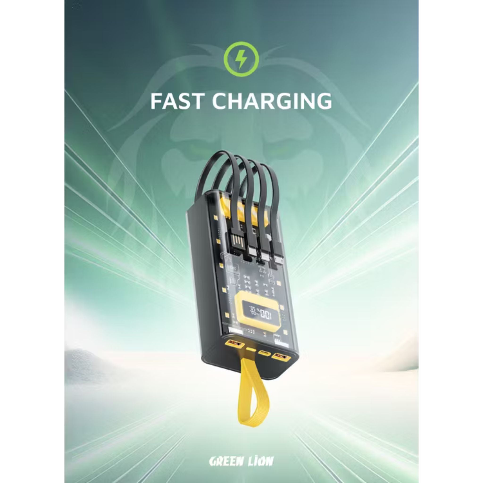 Green Lion Transparent Pro Power Bank 20000 mAh, PD 20W, Fast Charging, Micro & Type-C & Lightning & USB- A Built-in Cables, Digital Display - Black / Yellow
