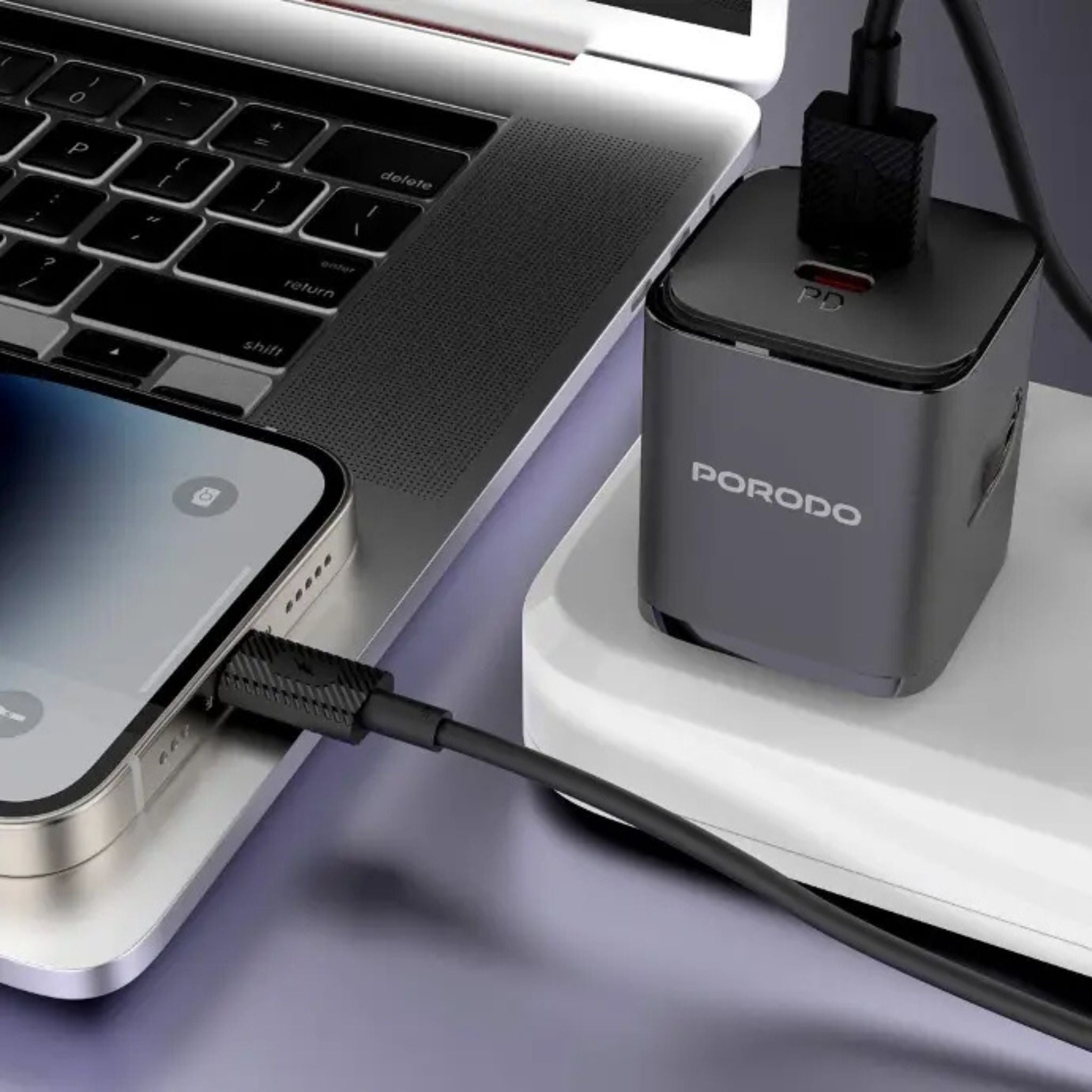 Porodo Dual Port Wall Charger UK with USB-C to USB-C Cable, PD 20W, QC 20W, Over-Heat Protection, UK Plug, 1.2 Cable Length - Black