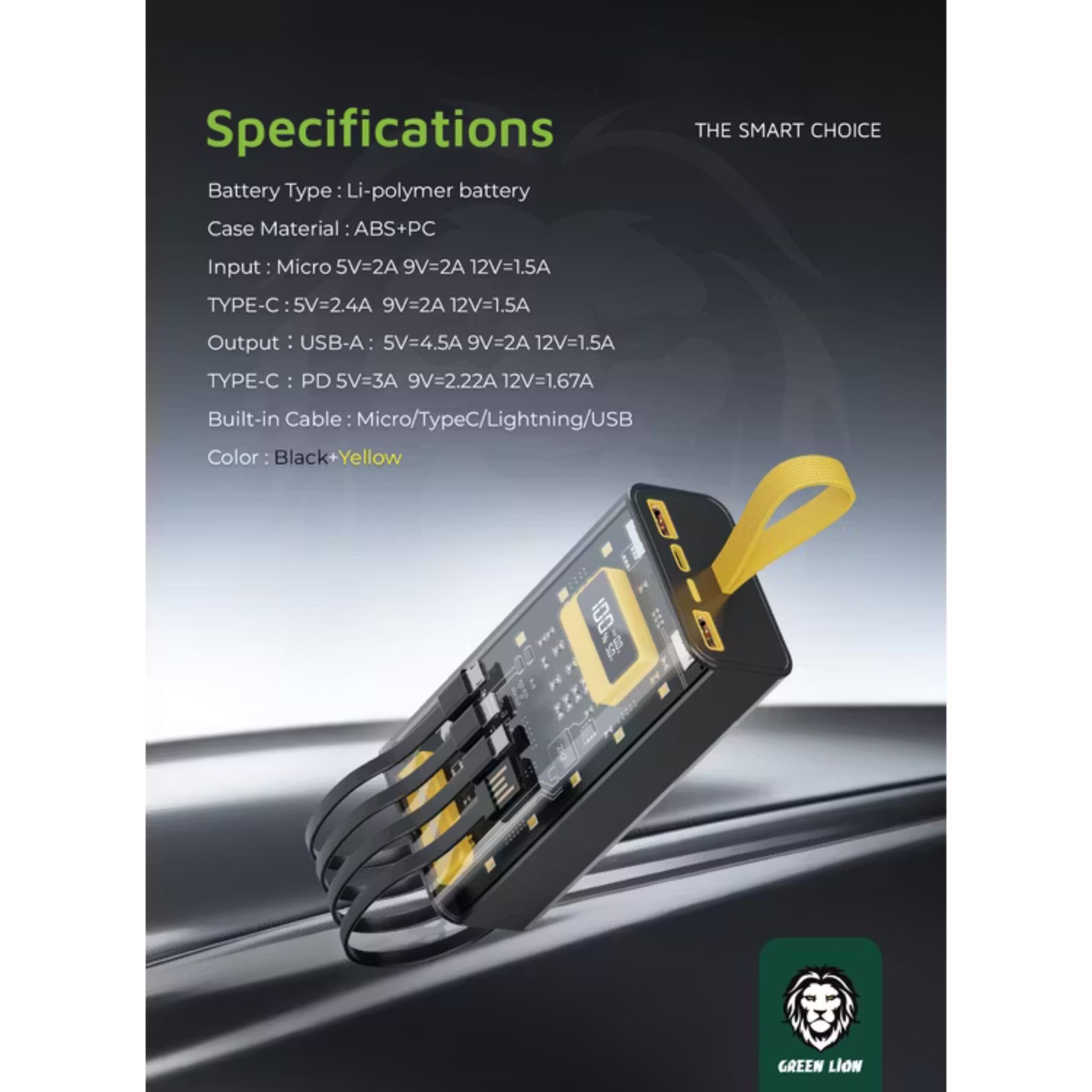 Green Lion Transparent Pro Power Bank 20000 mAh, PD 20W, Fast Charging, Micro & Type-C & Lightning & USB- A Built-in Cables, Digital Display - Black / Yellow