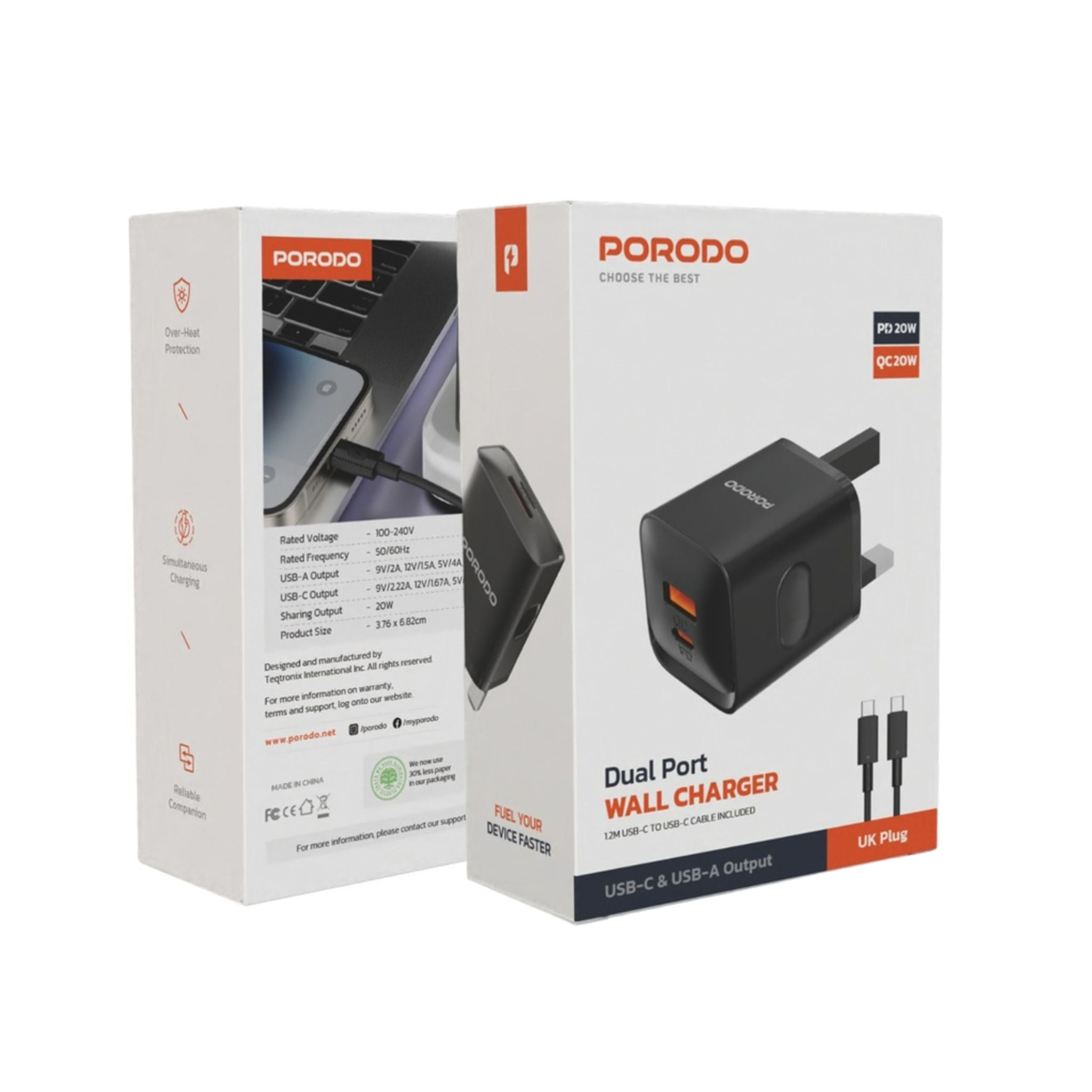 Porodo Dual Port Wall Charger UK with USB-C to USB-C Cable, PD 20W, QC 20W, Over-Heat Protection, UK Plug, 1.2 Cable Length - Black