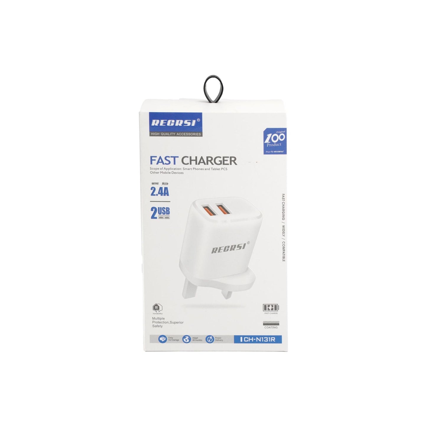 Recrsi Fast Charger for Smart Phones and Tablet PCS Other Mobile Devices with 2 USB_White