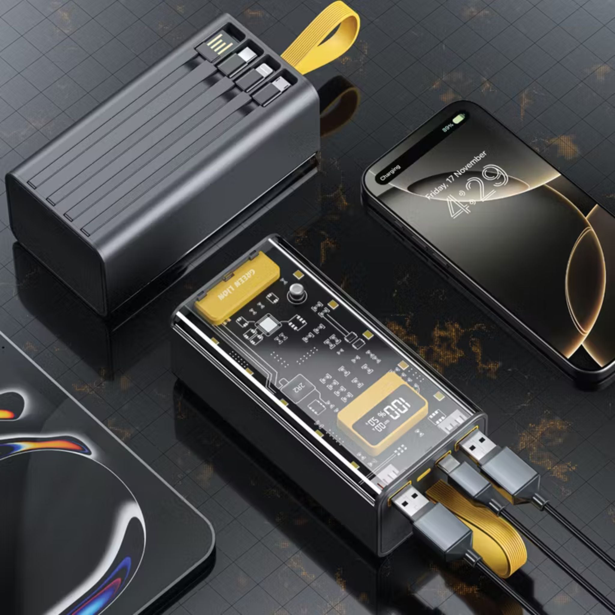 Green Lion Transparent Pro Power Bank 20000 mAh, PD 20W, Fast Charging, Micro & Type-C & Lightning & USB- A Built-in Cables, Digital Display - Black / Yellow