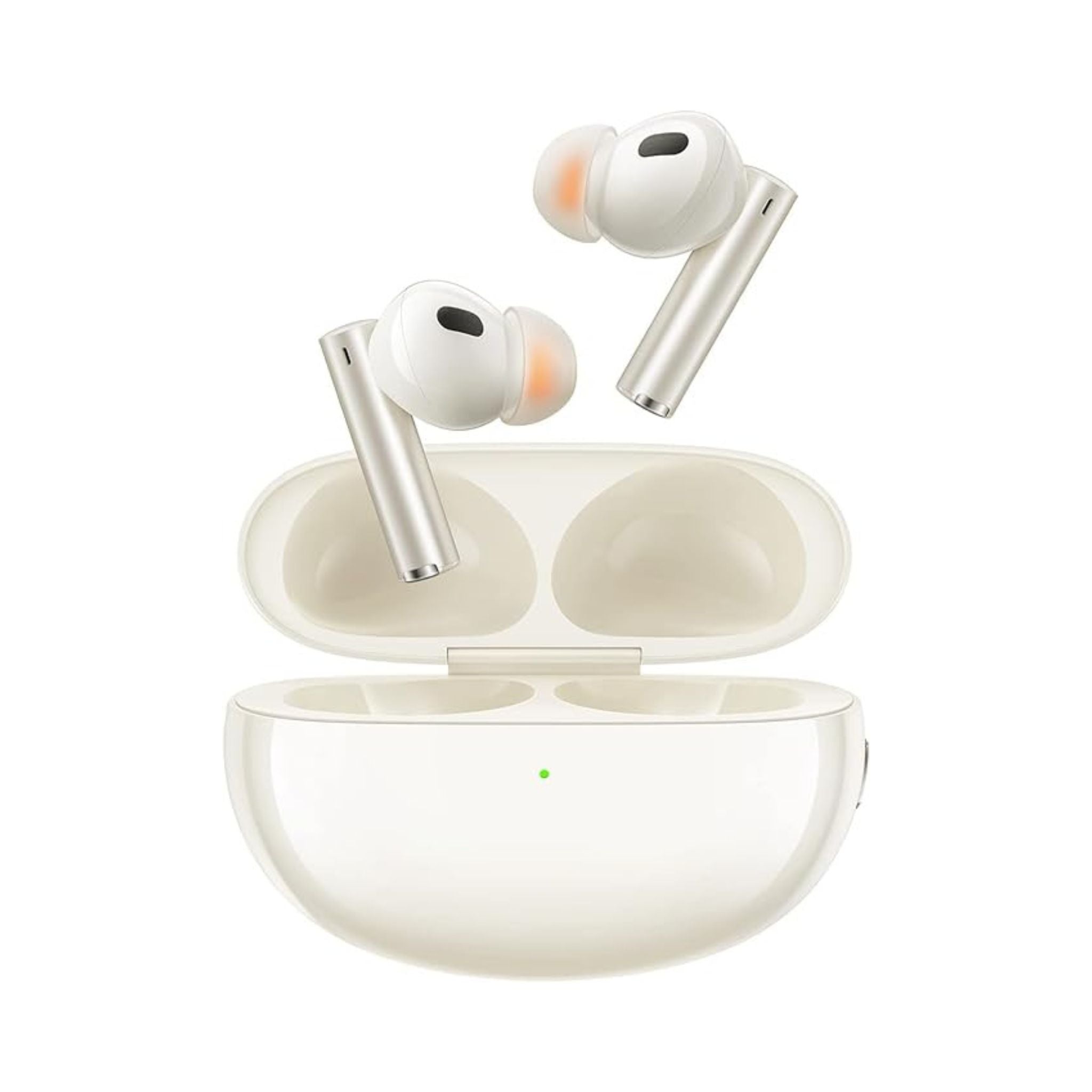 realme Buds Air 5 Pro True Wireless Earphones in white color, with a charging case opened to show the earphones inside.