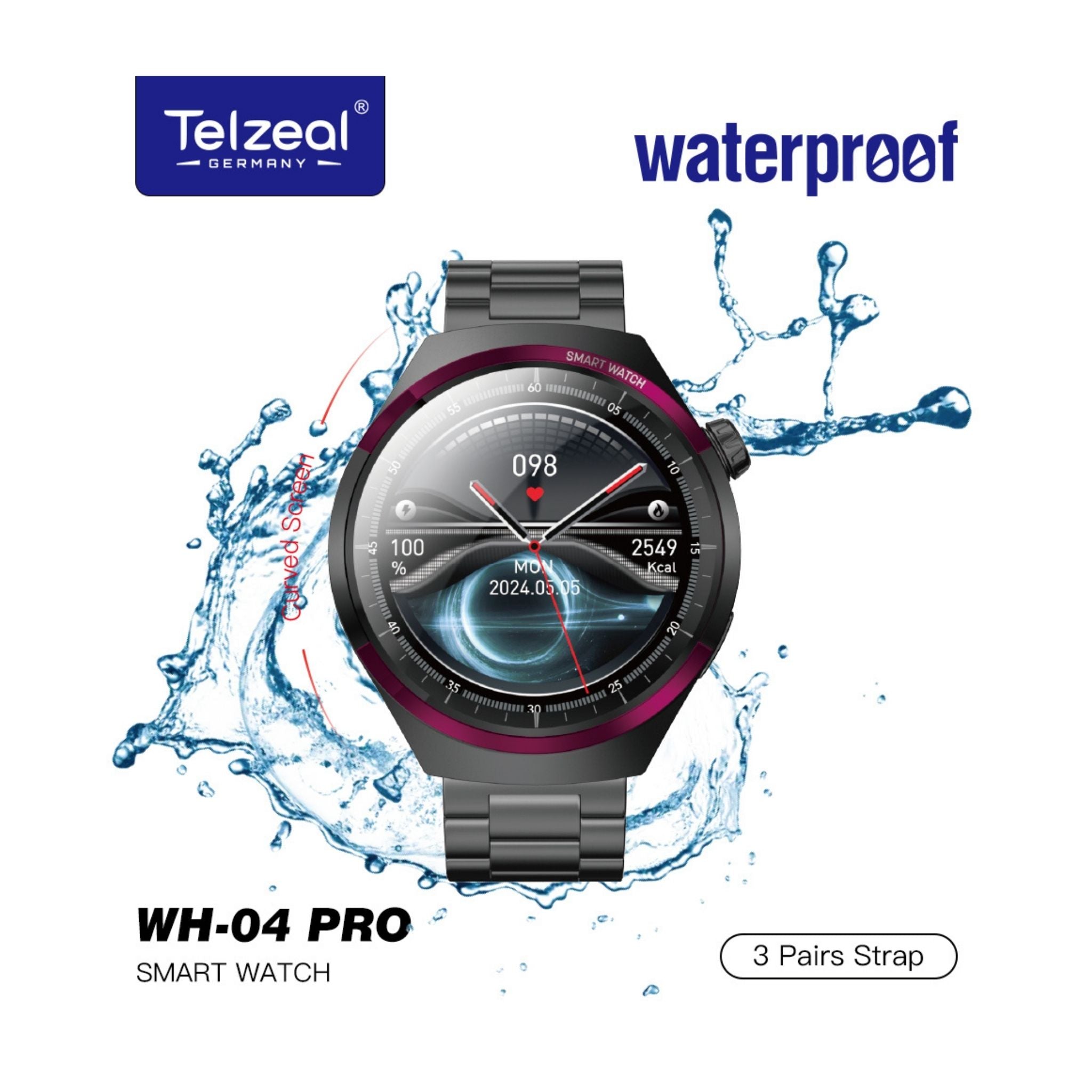 Telzeal WH 04 Pro Max Screen Waterproof Smartwatch With Curved Display 3 Pair Straps and Charging Cable Designed for Mens and Boys - Black