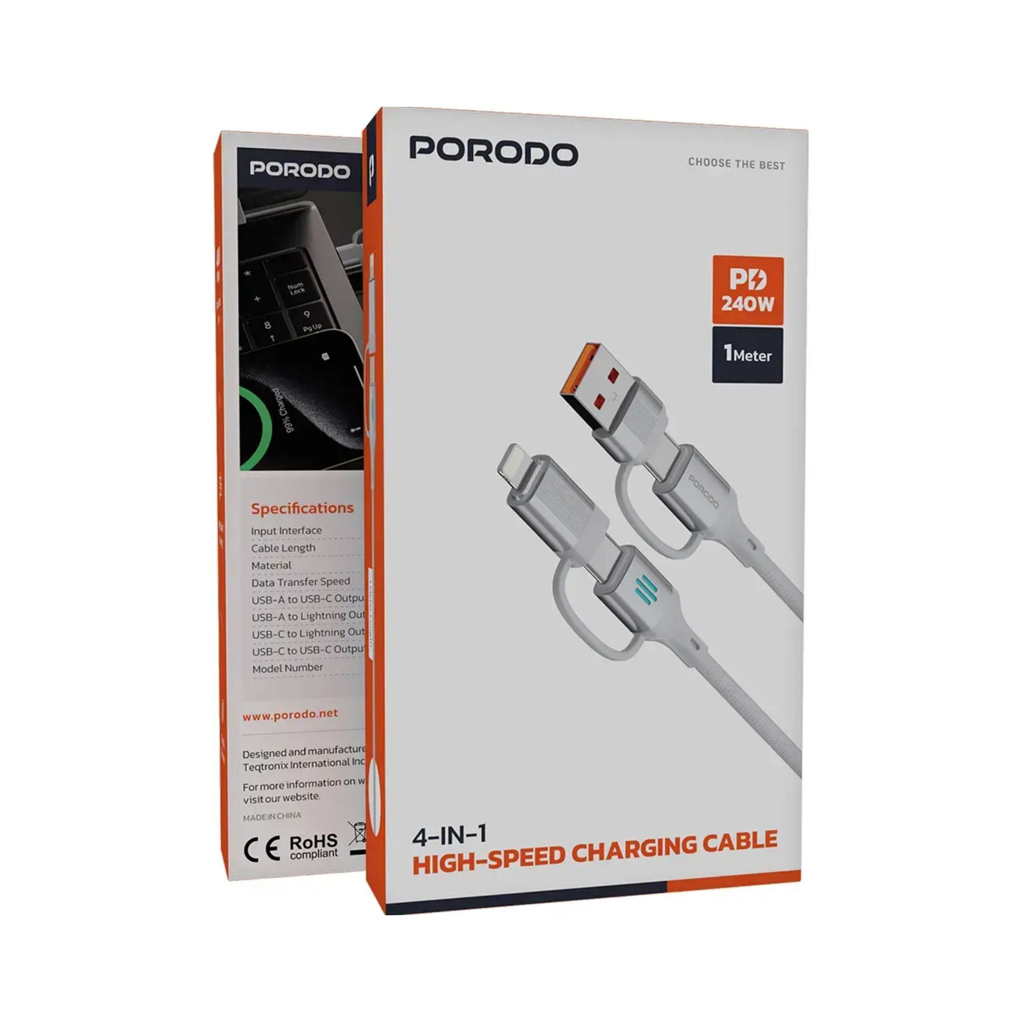 Porodo 4 in1 PD 240W High Speed Charging 1m Cable / USB-C, USB-A & Lightning Input Interface / 480Mbps Rapid Data Sync / Enhanced Durability / Aluminum Alloy Material - Silver