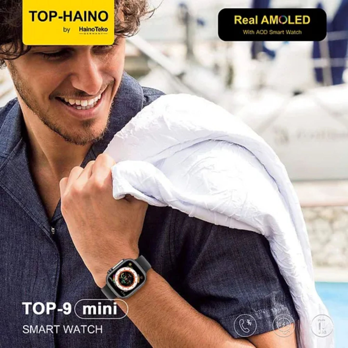 Premium Haino Teko Germany Top 9 MINI_Real AMOLED with Always on Display Smart Watch with 3 Straps_Black