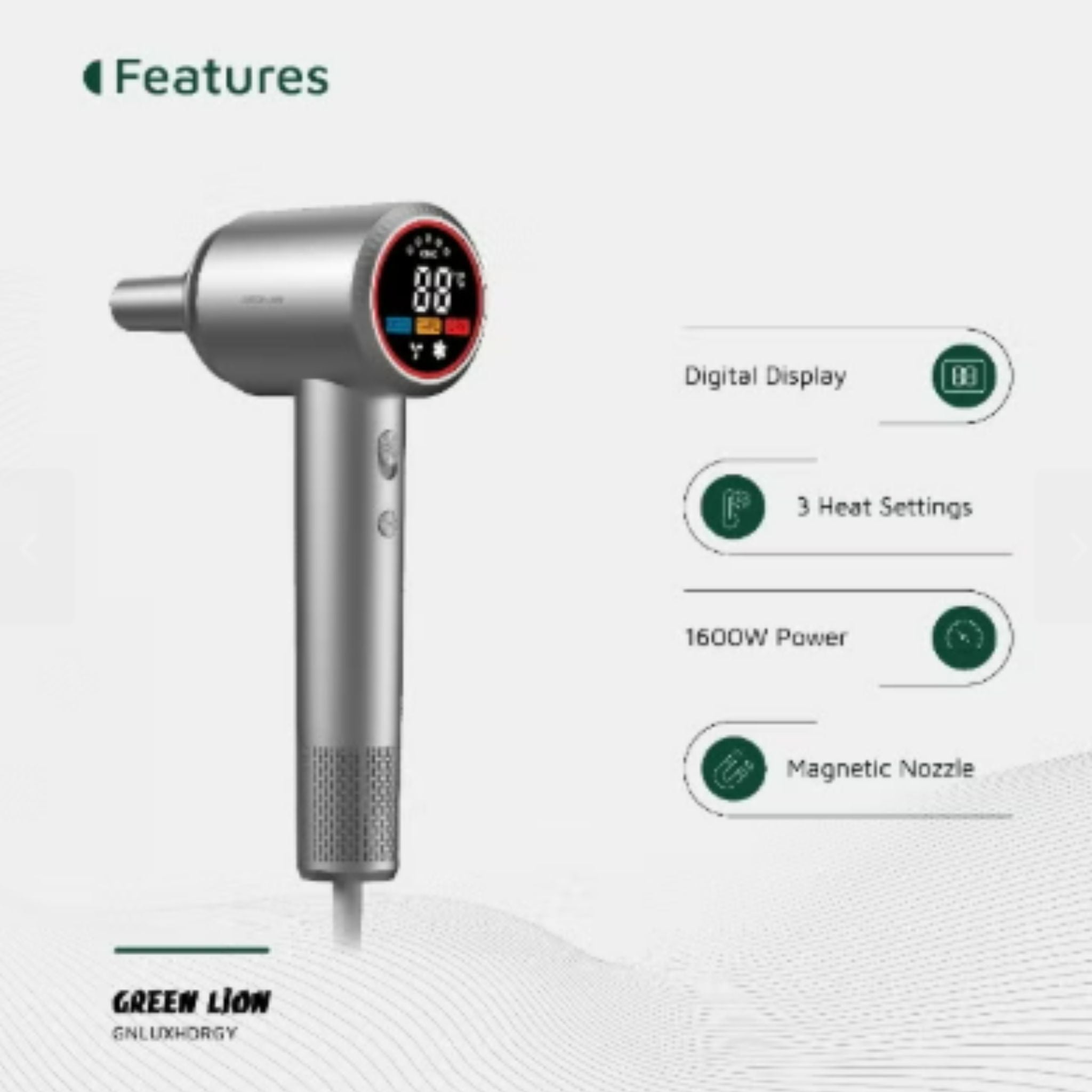 Green Lion LUXAIR Hair Dryer, 1600W BLDC Motor, Digital Display, Hot & Cold Air Alternating Mode, 3 Heat Settings, 2 Wind Speeds, Low Noise 68dB, Durable PC+ABS Body with Copper Heating Element, 1.8m UK Plug – Grey