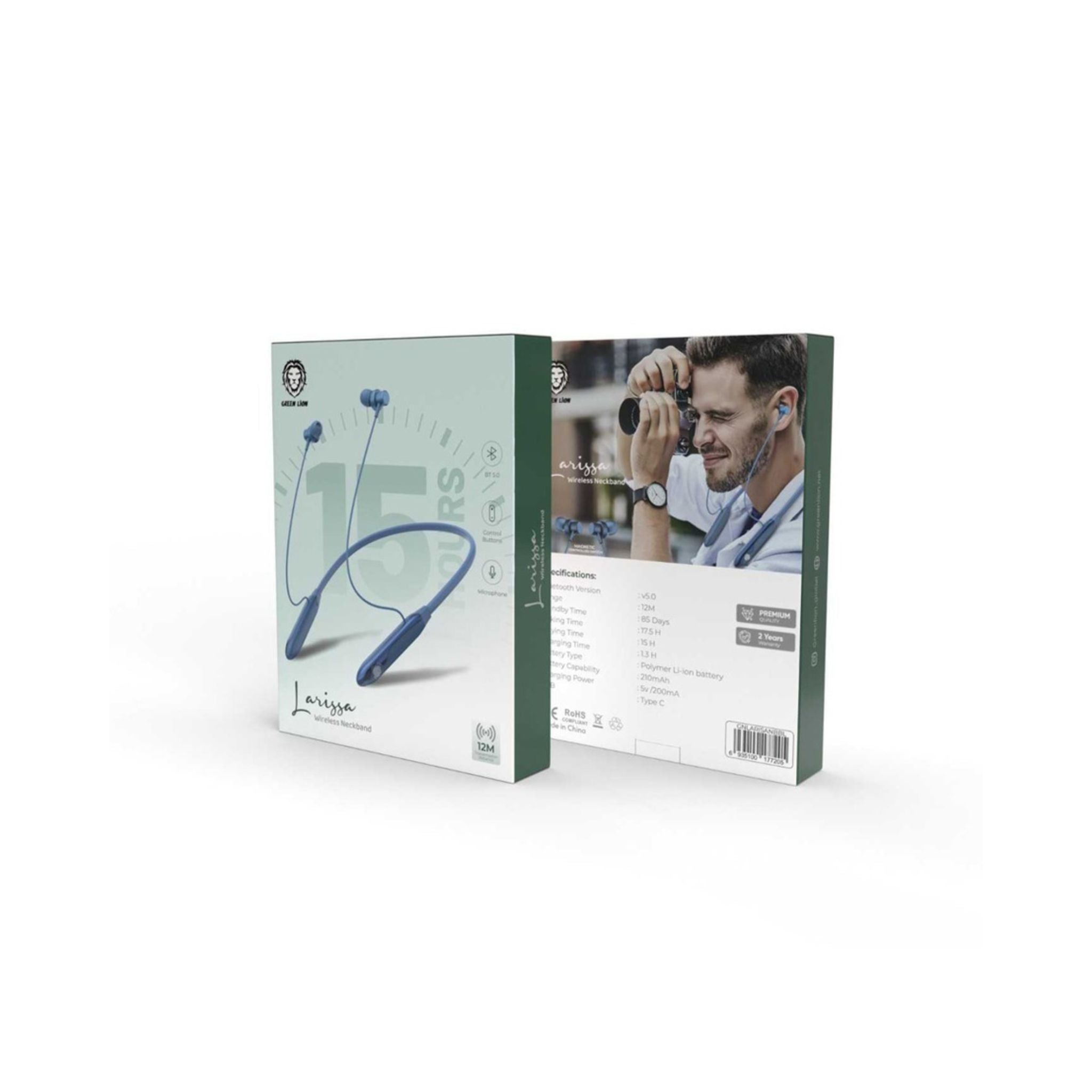 Green Lion Larissa Wireless Neckband with Control Buttons, Microphone, 210mAh Battery Capacity, 12m Transmission Distance - Blue