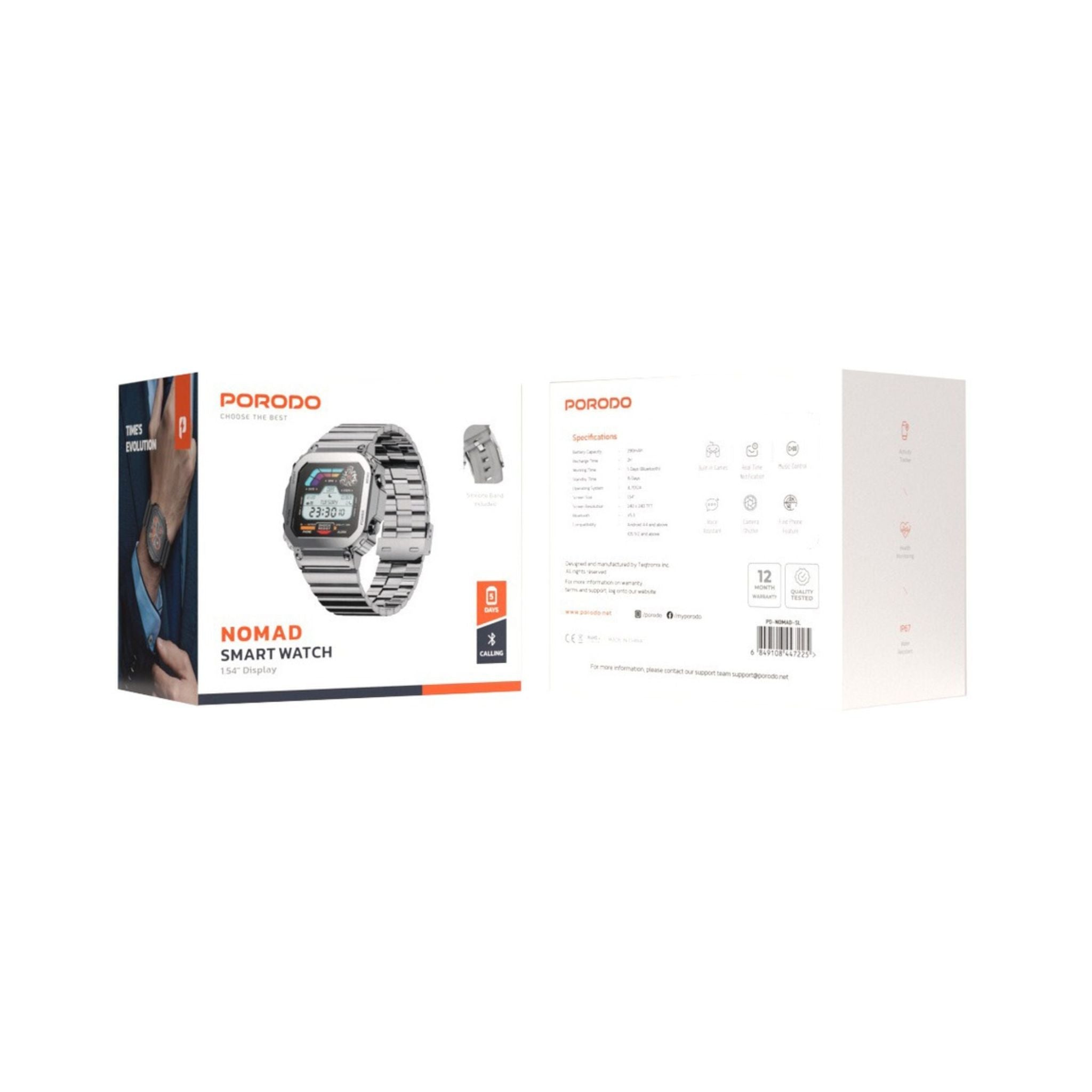 Porodo Nomad Smartwatch: 1.54" Display, 5-Day Battery Life, Fast 2-Hour Charge, Bluetooth 5.3, Compatible with Android 4.4+ & iOS 9.0+ - Silver