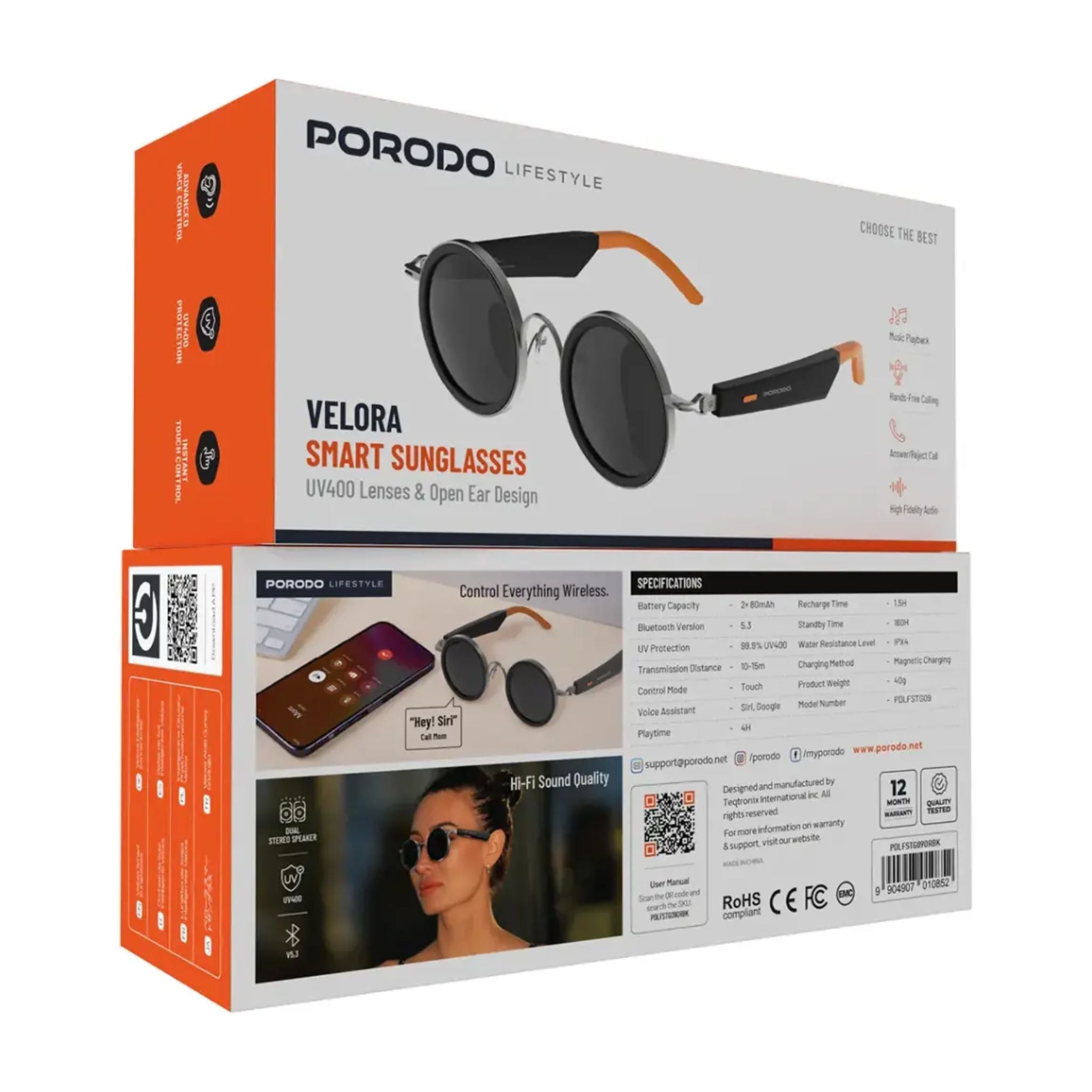 Porodo Lifestyle Velora Smart Sunglasses - Orange & Black
