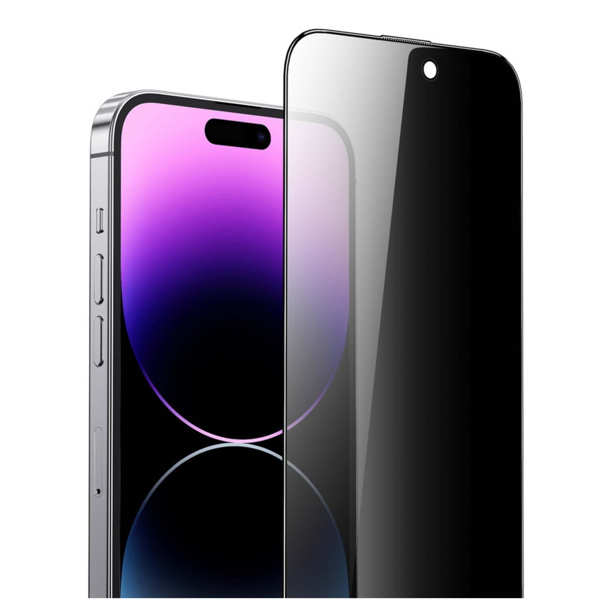 An iPhone screen protector with a privacy filter, showing the front view and side view of the protector applied on an iPhone.
