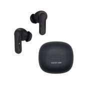 A pair of black wireless earbuds with a charging case, featuring Bluetooth connectivity and the Green Lion brand logo on the case.