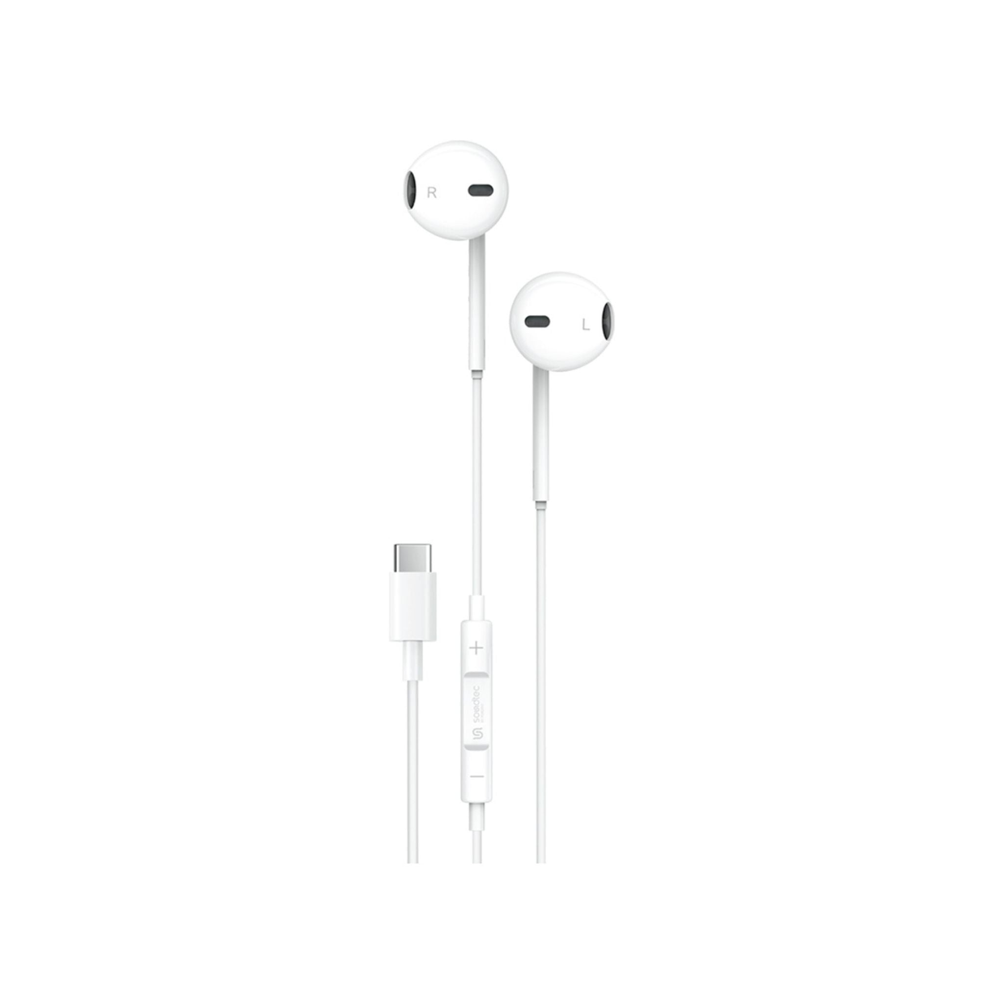 Porodo Soundtec Stereo Earphones with Type-C Connector, High-Clarify Microphone, ABS Material, 120 cm Tangle Free Cable - White