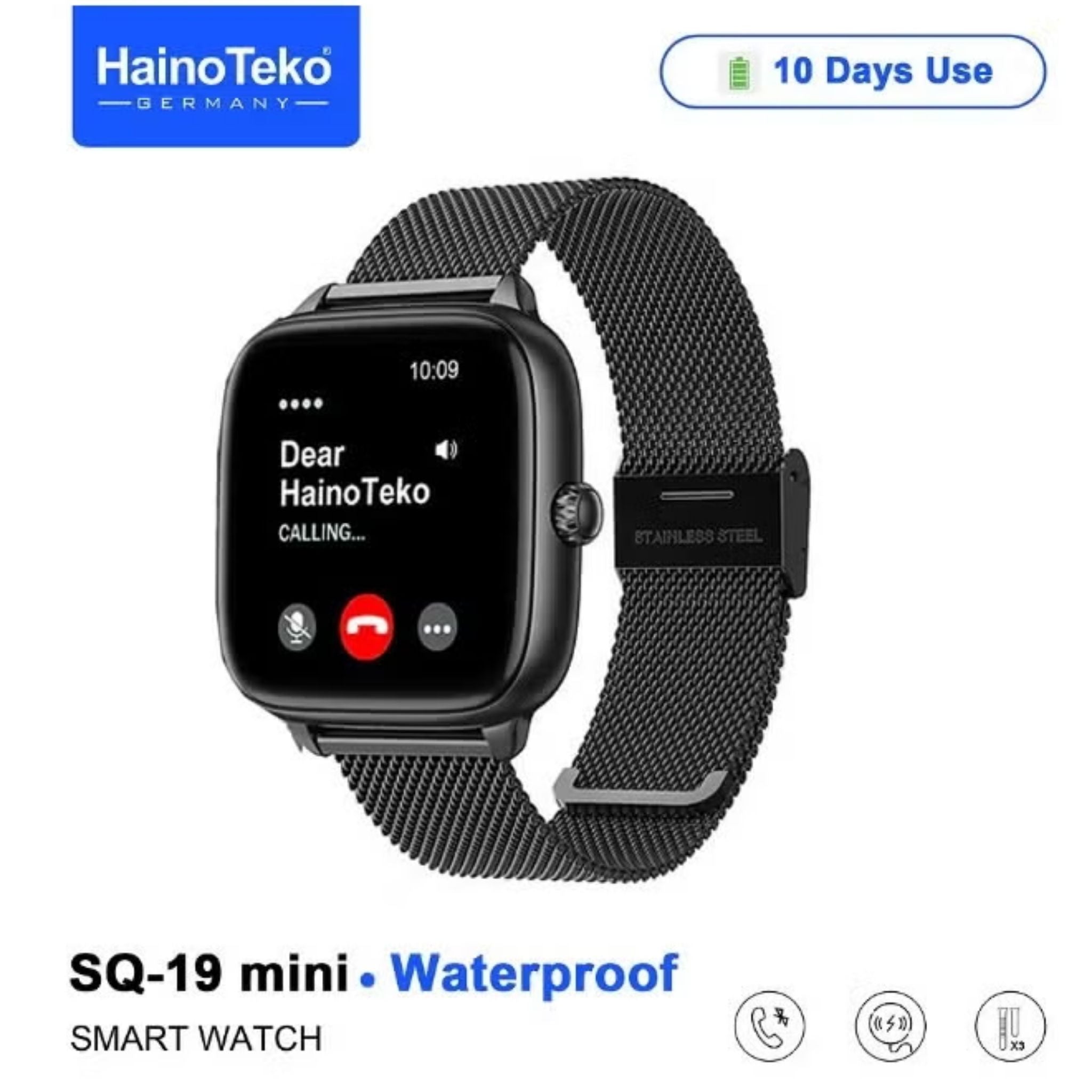 Haino Teko SQ-19 Mini Smart Watch with Bluetooth Call Function, 1.72 Inch AMOLED Touch Screen, 10 Day Battery Backup, Waterproof Fitness Tracker with 3 Replacement Straps for Men & Women - Silver