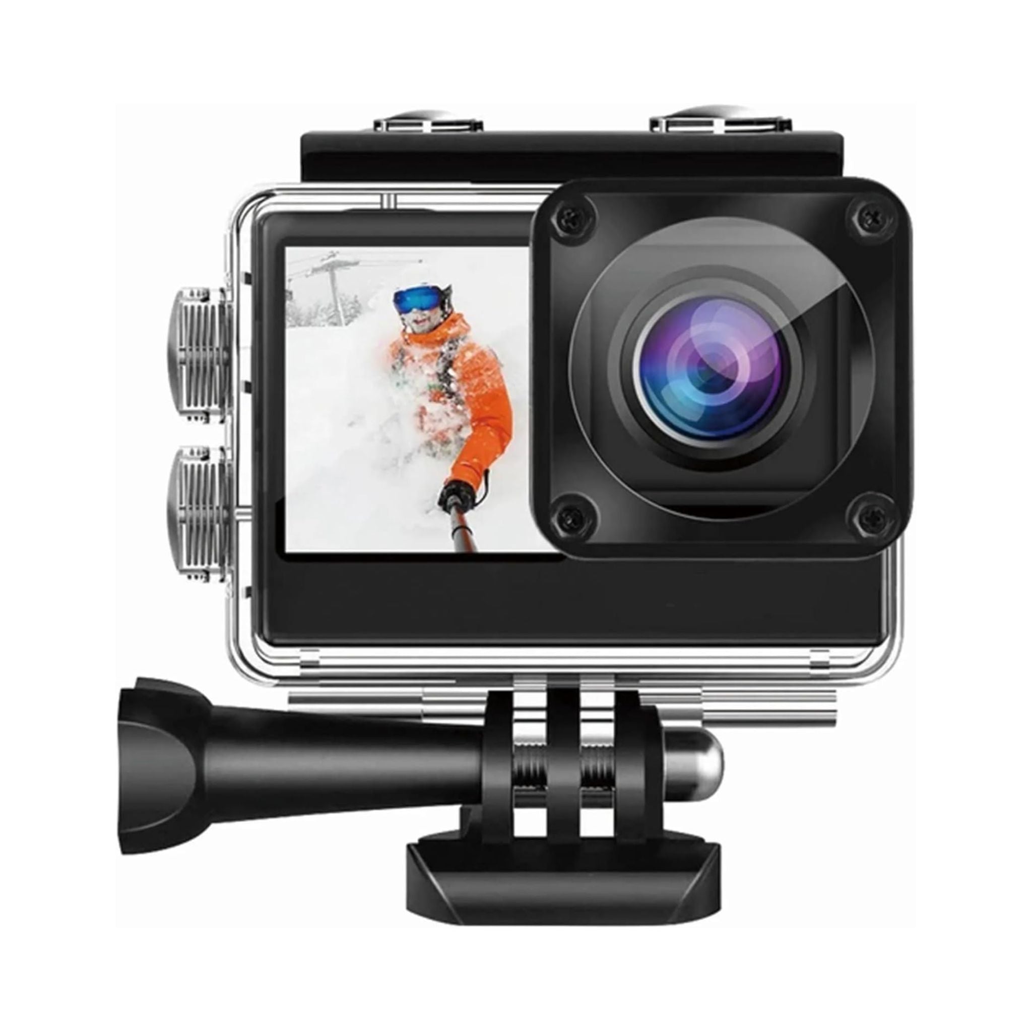 Porodo Lifestyle Dual Display Action Camera, 4K 30fps Video, 16MP Photos, 2.0'' + 1.3'' Dual Screens, Wi-Fi Connectivity, Waterproof Case, Multiple Shooting Modes, 900mAh Battery, Micro-SD up to 64GB, Mount Accessories Included, Windows & Mac – Black