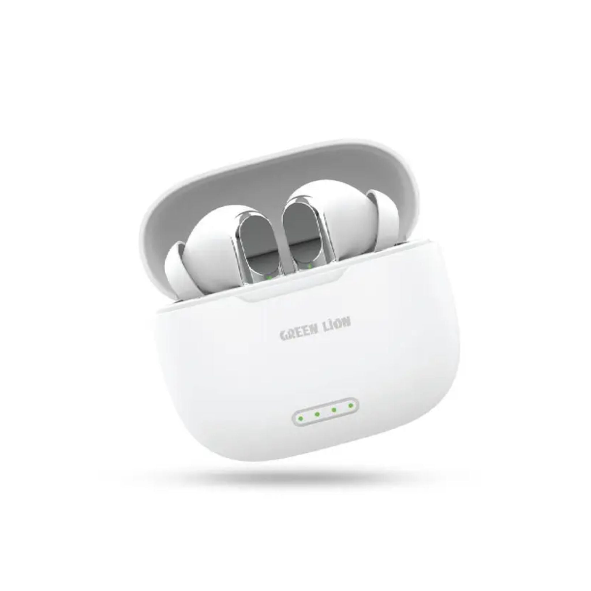 White in-ear wireless earbuds with the brand name 'Green Lion' visible on the outer surface.