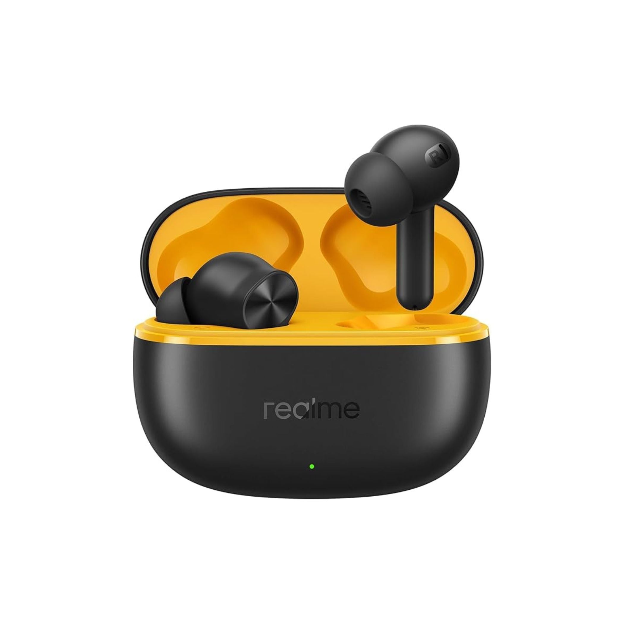 Black wireless earbuds with open charging case on a white background, featuring the Realme brand.