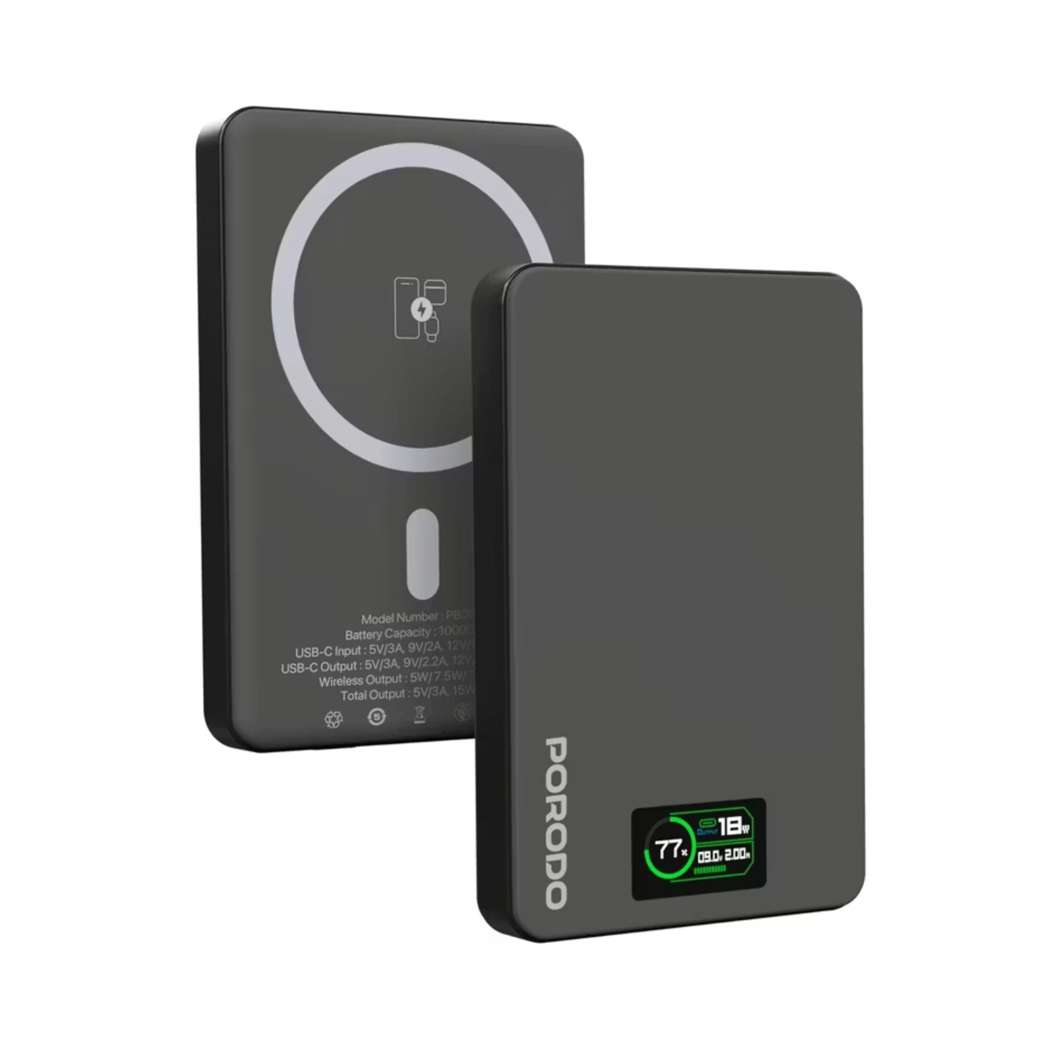 Porodo 10000mAh Power Bank with Real-Time TFT Smart Display, Type-C Input & Output, 20W PD Fast Charging, 15W Wireless Charging, Compatible with MagSafe, Smart Temperature Control - Dark Gray