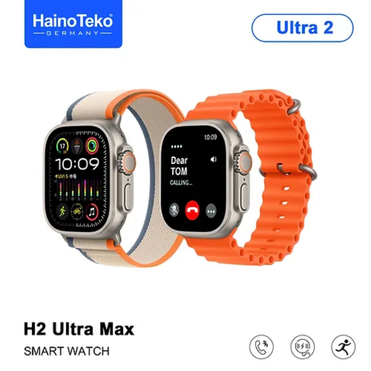 Haino Teko ultra max smart watch with full screen AMOLED display 2 pair straps and wireless charger for men's and boys