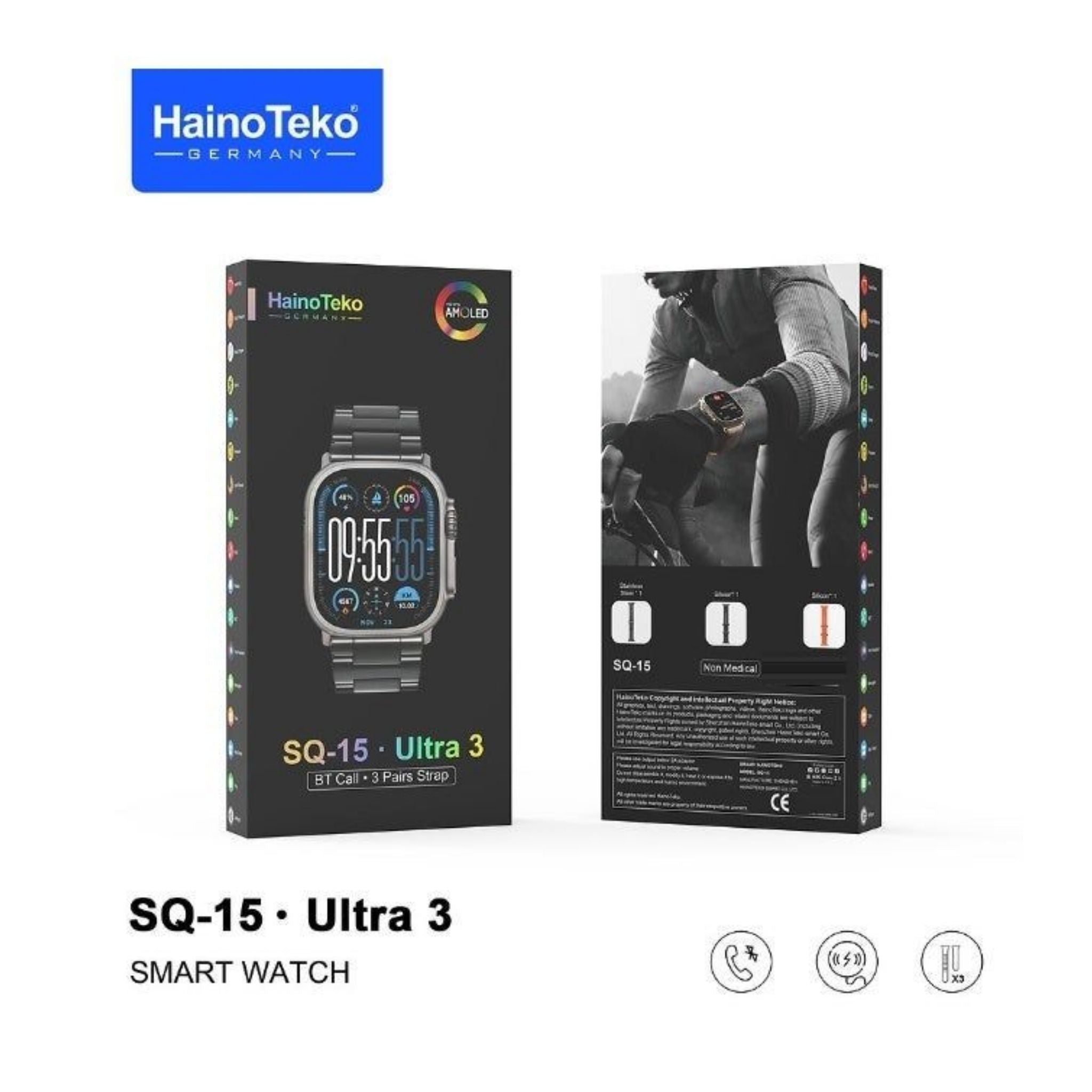 SQ-15 Ultra 3 Smart Watch, AMOLED Display, Bluetooth Calling, 3 Interchangeable Straps, Fitness & Activity Tracker, Heart Rate & Sleep Monitoring, Notifications, Stylish Design, Charging Cable Included, Unisex - Black