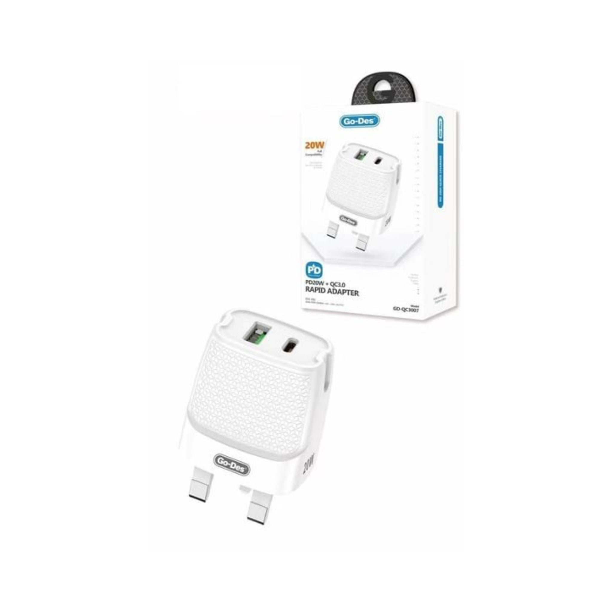 A white Go Des brand 20W rapid USB charger with a Type-C port and a USB cable, displayed alongside its packaging.