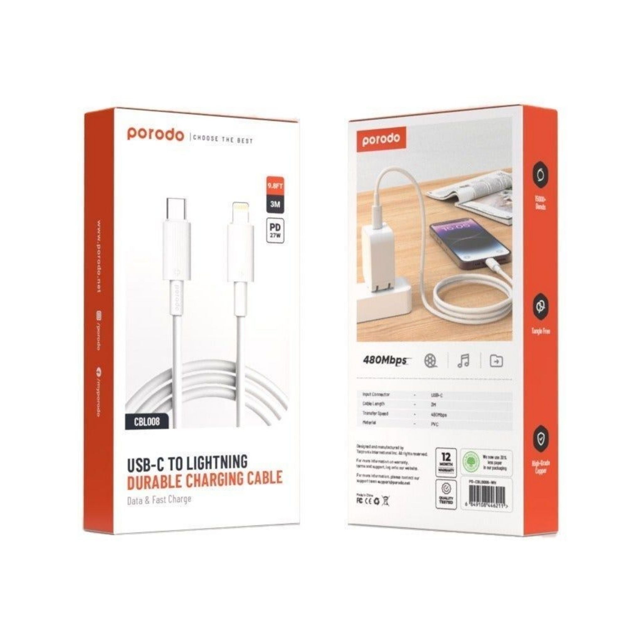 Porodo USB-C to Lightning PVC Cable 3m /Data and Fast Charge / Tangle Free / Durable Charging Cable - White
