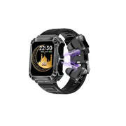 A digital smartwatch with a large square-shaped AMOLED display, featuring a black casing and a pair of attached Bluetooth earbuds. The watch displays the time and has touch controls visible.