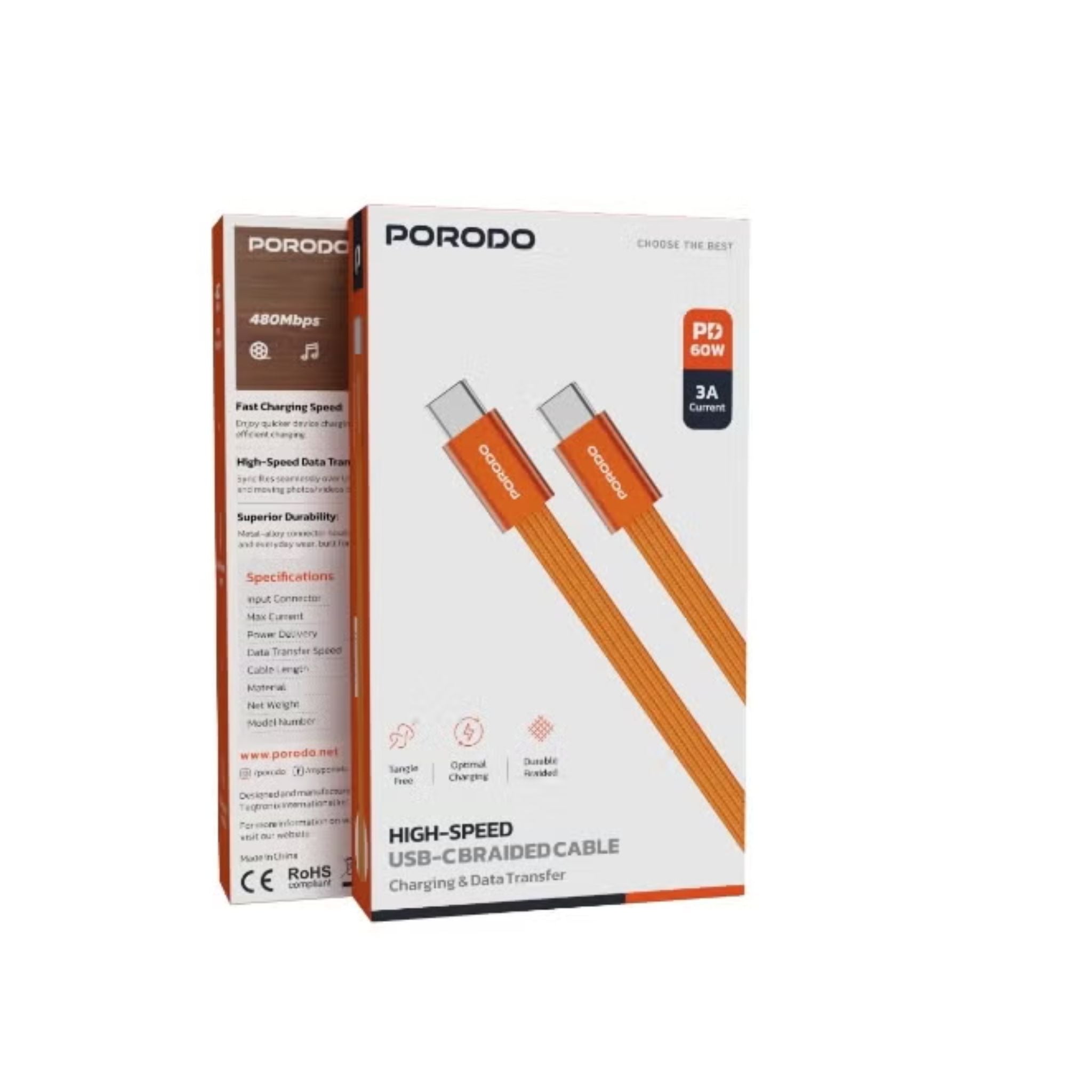Porodo USB-C to USB-C Flat Braided Cable, PD 60W Fast Charging, 1m Length, Tangle-Free Cotton Jacket – Orange