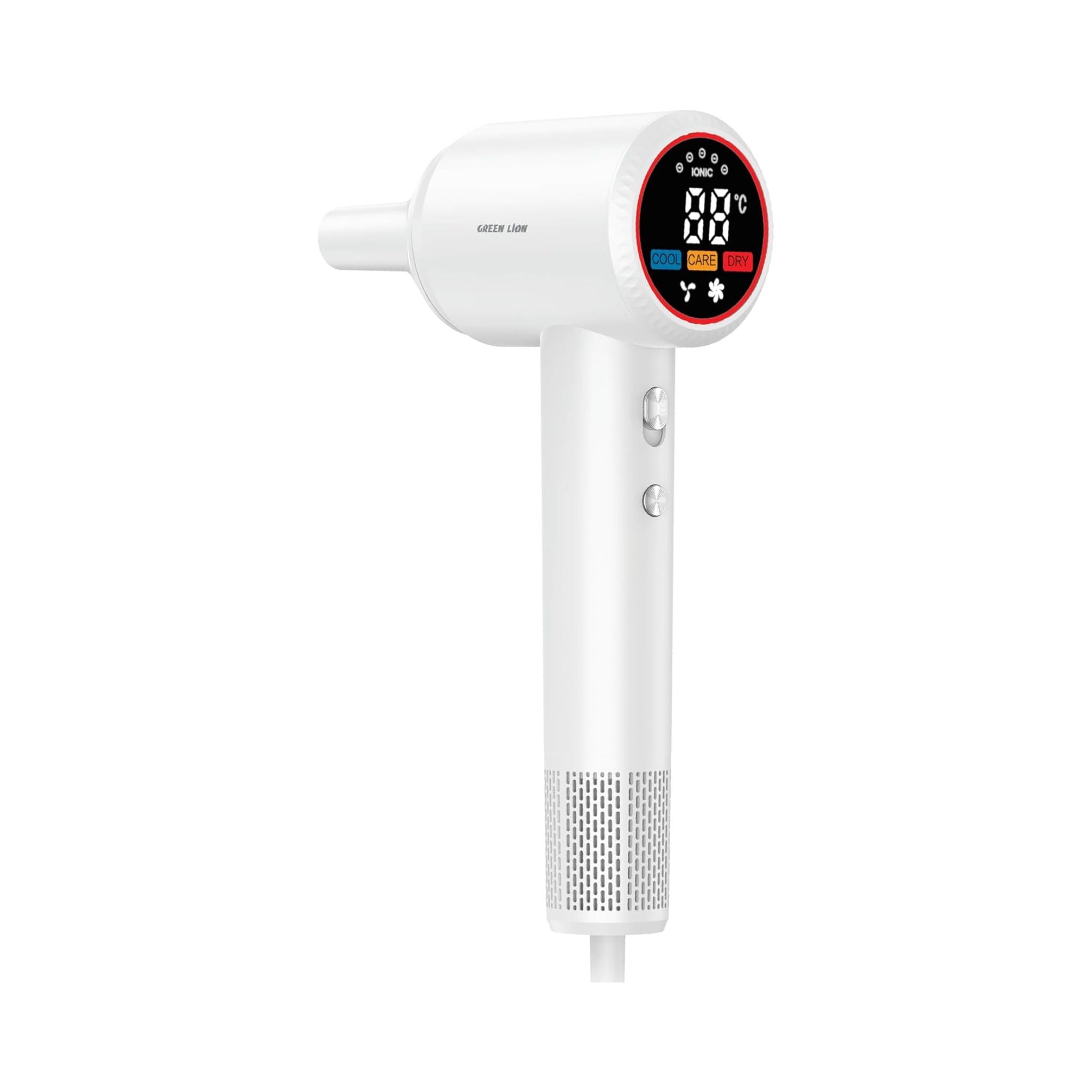 Green Lion LUXAIR Hair Dryer, 1600W BLDC Motor, Digital Display, Hot & Cold Air Alternating Mode, 3 Heat Settings, 2 Wind Speeds, Low Noise 68dB, Durable PC+ABS Body with Copper Heating Element, 1.8m UK Plug – White