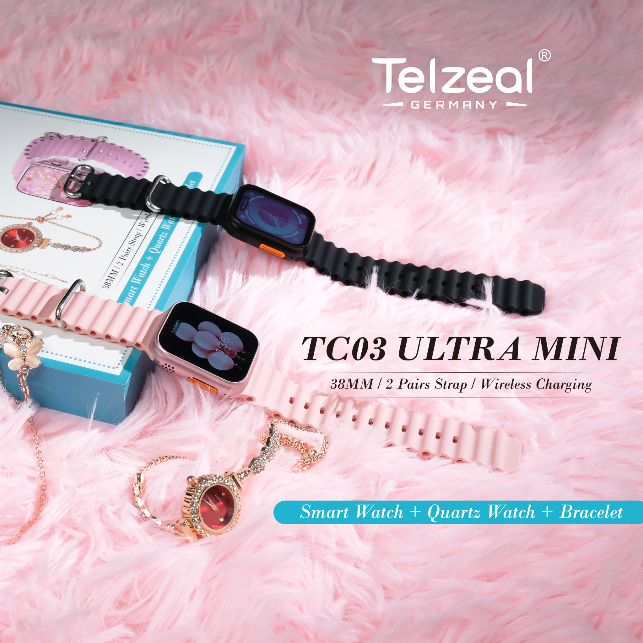 Telzeal TC03 Ultra Mini 38 mm HD Display Smart Watch With 2 Pair Straps and Analog Watch and Bracelet Combo For Ladies - Pink