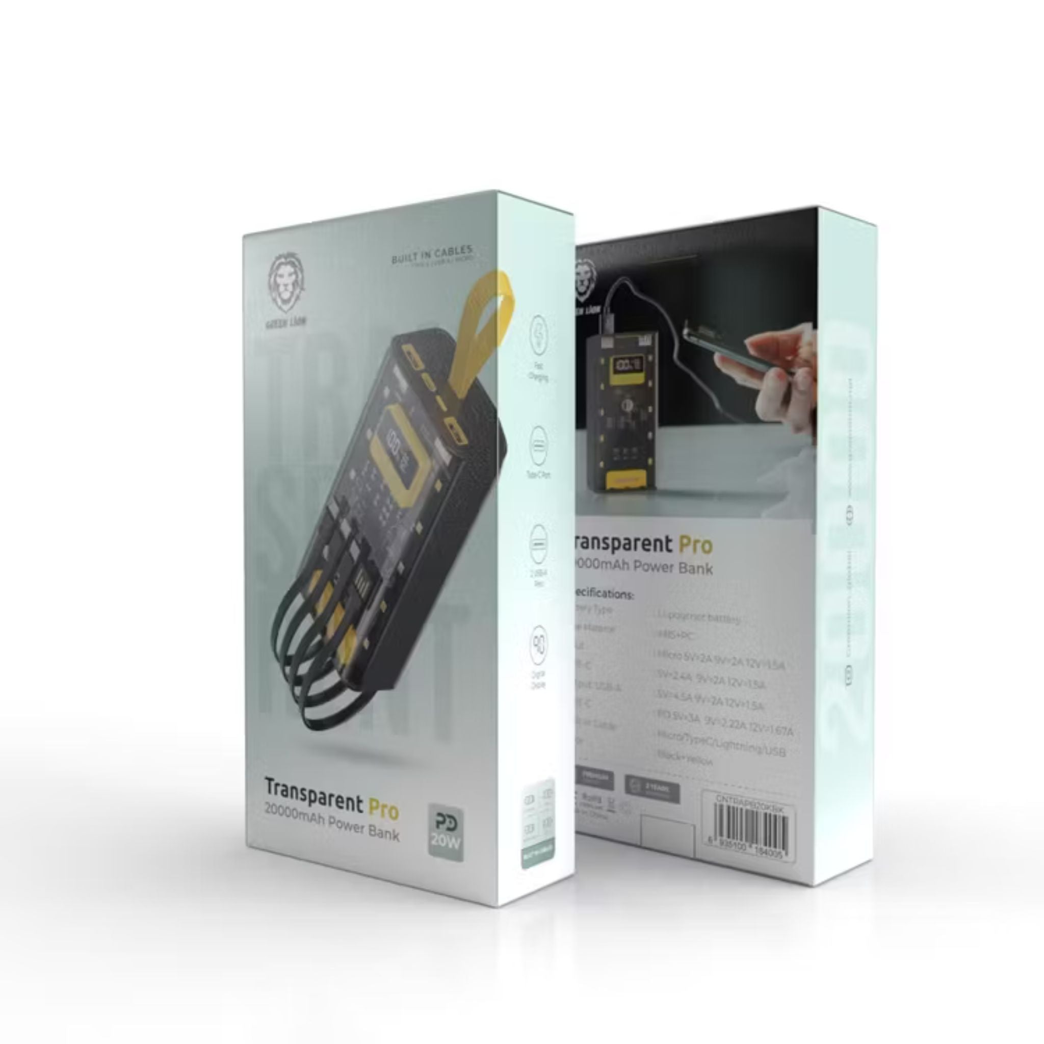 Green Lion Transparent Pro Power Bank 20000 mAh, PD 20W, Fast Charging, Micro & Type-C & Lightning & USB- A Built-in Cables, Digital Display - Black / Yellow