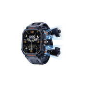 A black Green Lion Fit-Gear TWS Smartwatch with a large screen and integrated earbuds, featuring a sporty design with a winged logo at the center.