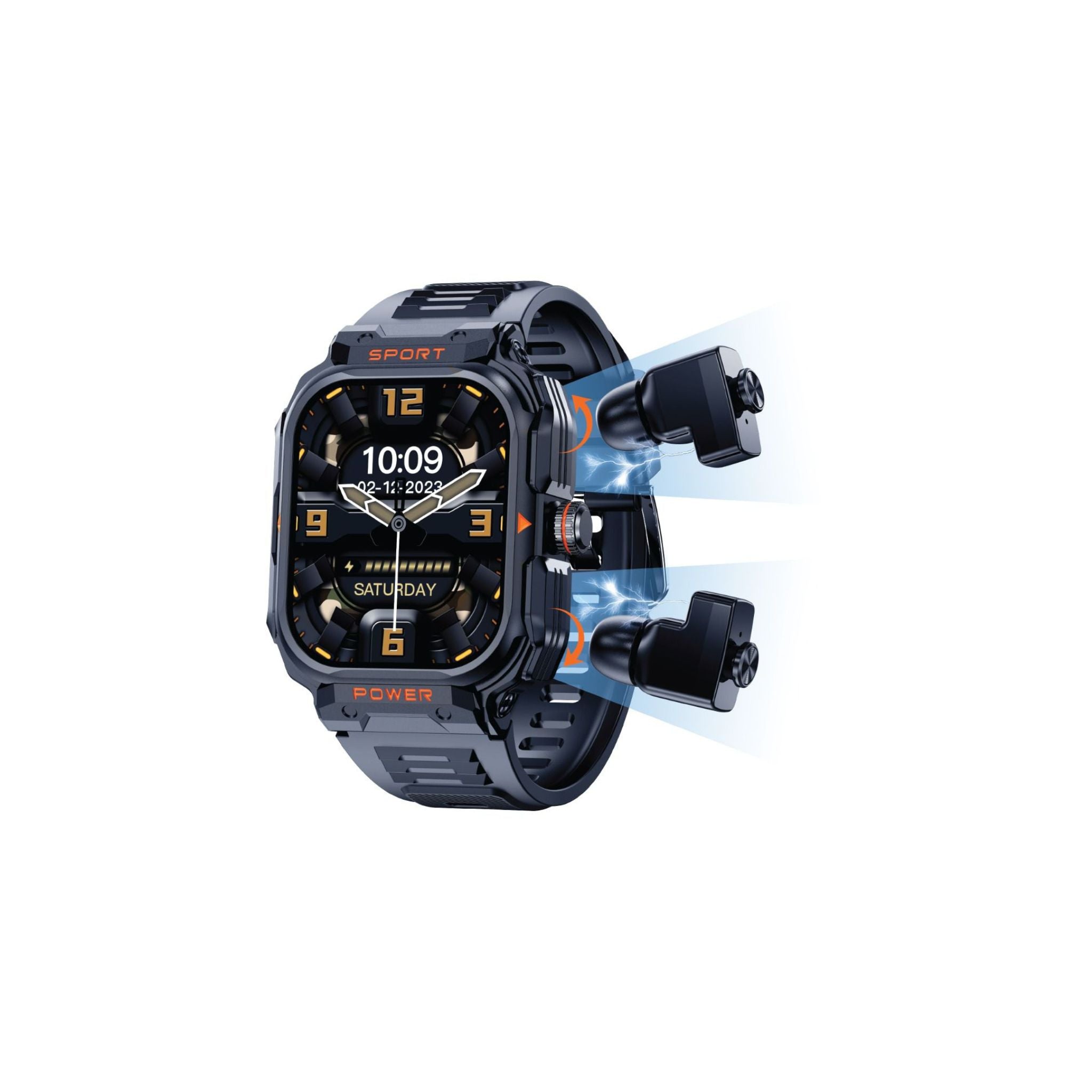 A black Green Lion Fit-Gear TWS Smartwatch with a large screen and integrated earbuds, featuring a sporty design with a winged logo at the center.