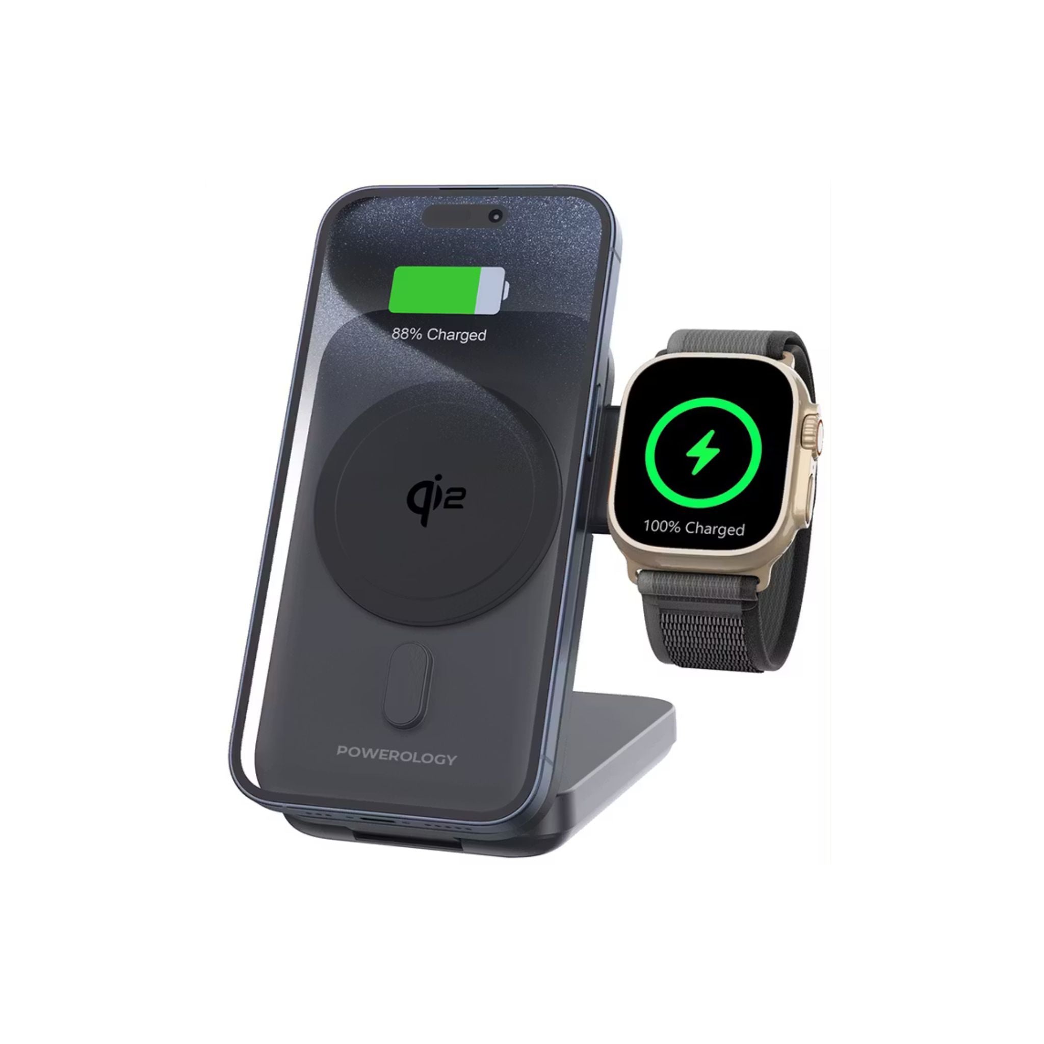 Powerology MagSafe 10000mAh Power Bank & Watch Charger with 15W PD, Qi2 Certified, Compatible with iWatch and Airpods, Foldable Stand - Black