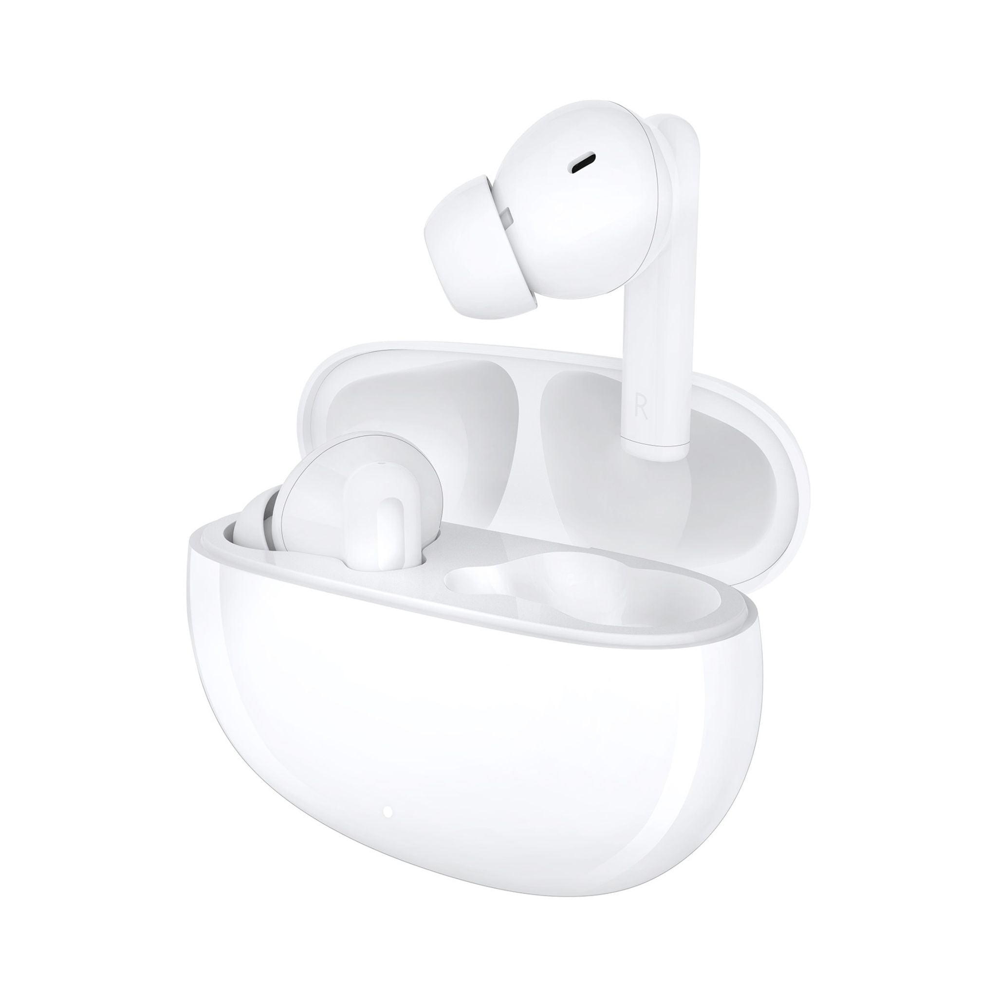 White in-ear wireless earbuds with a charging case.